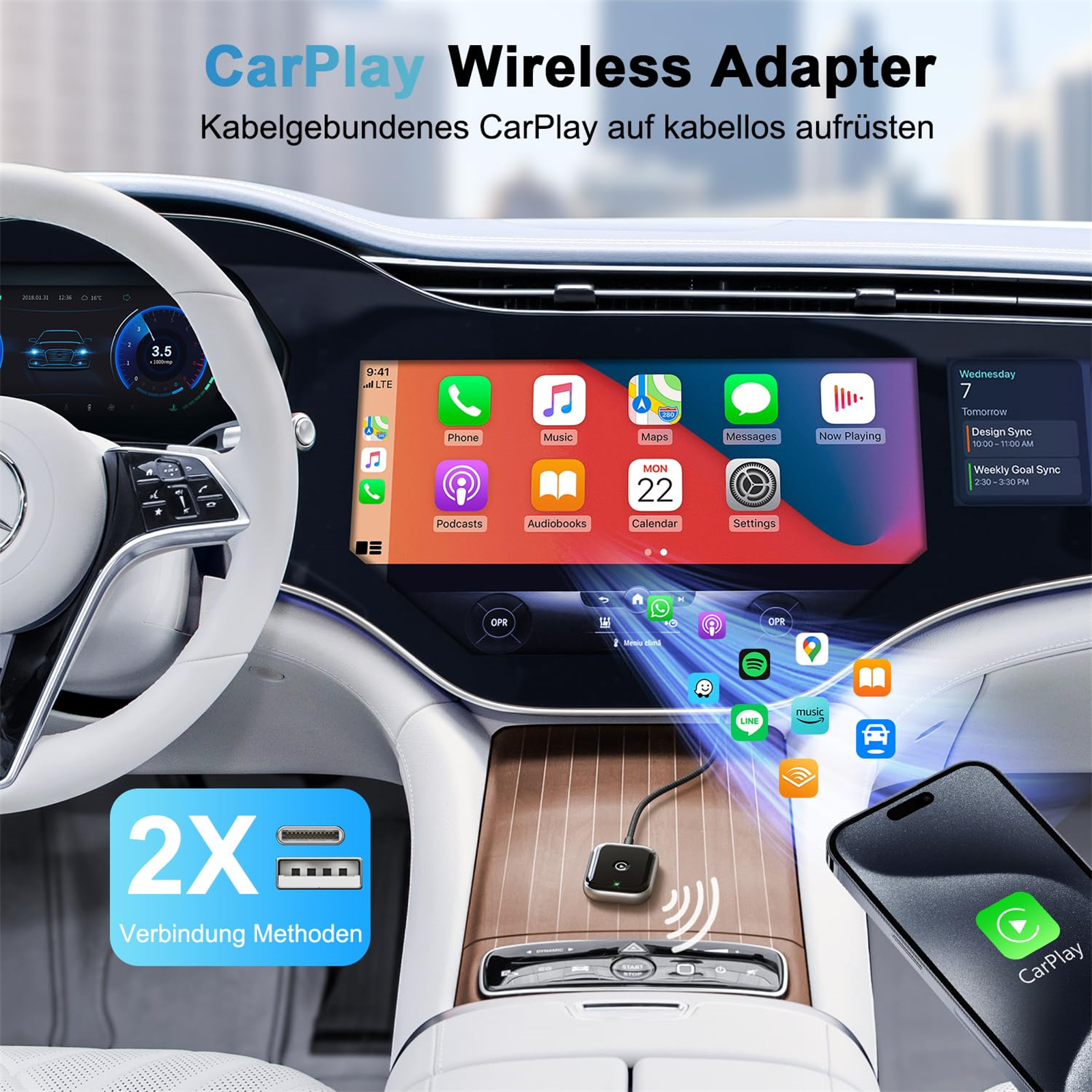 CarPlay-WLAN-Adapter mit Smartphone und Autokonsole mit Bildschirm.