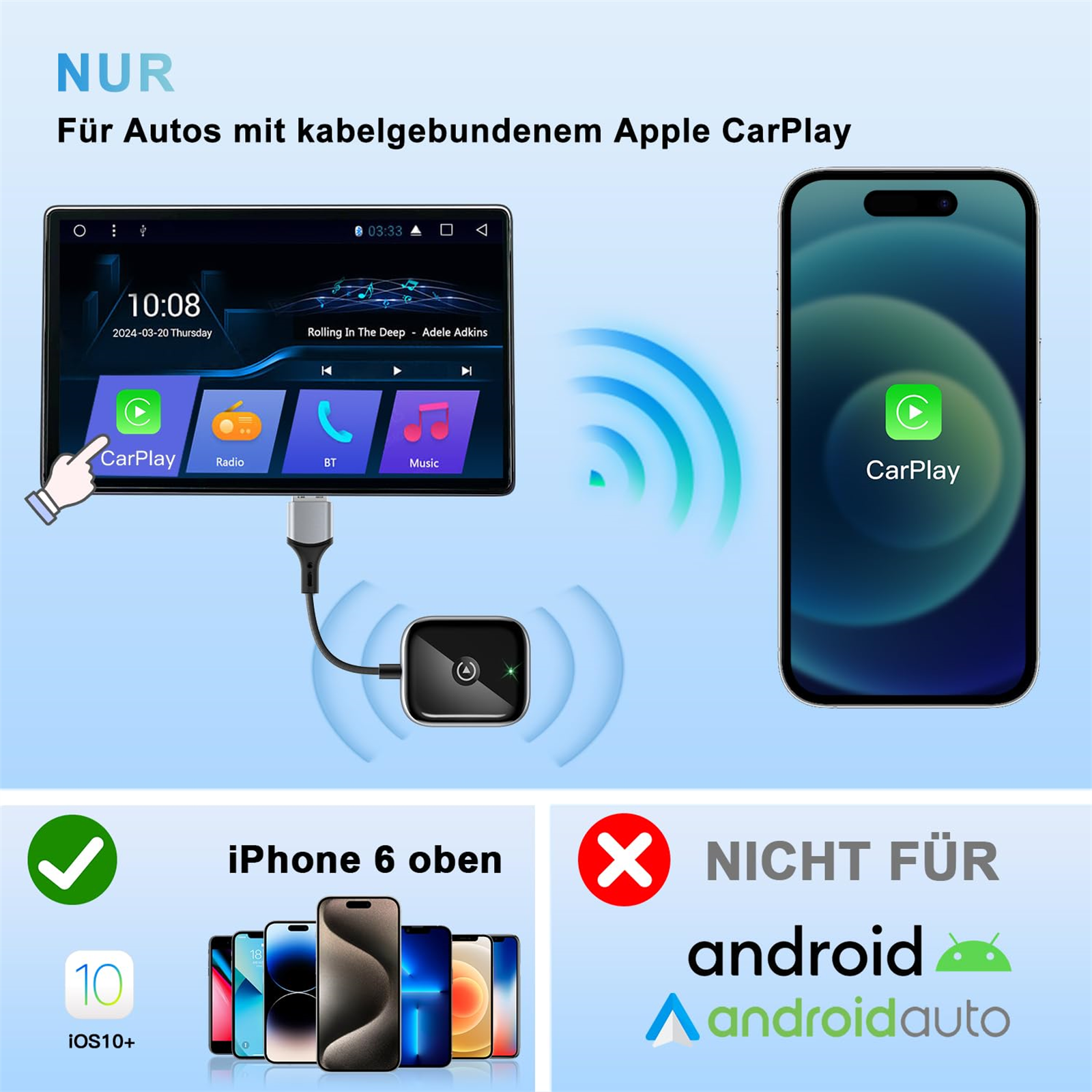 Auto-Display mit Apple CarPlay aktiviert, verbunden mit einem Telefon.