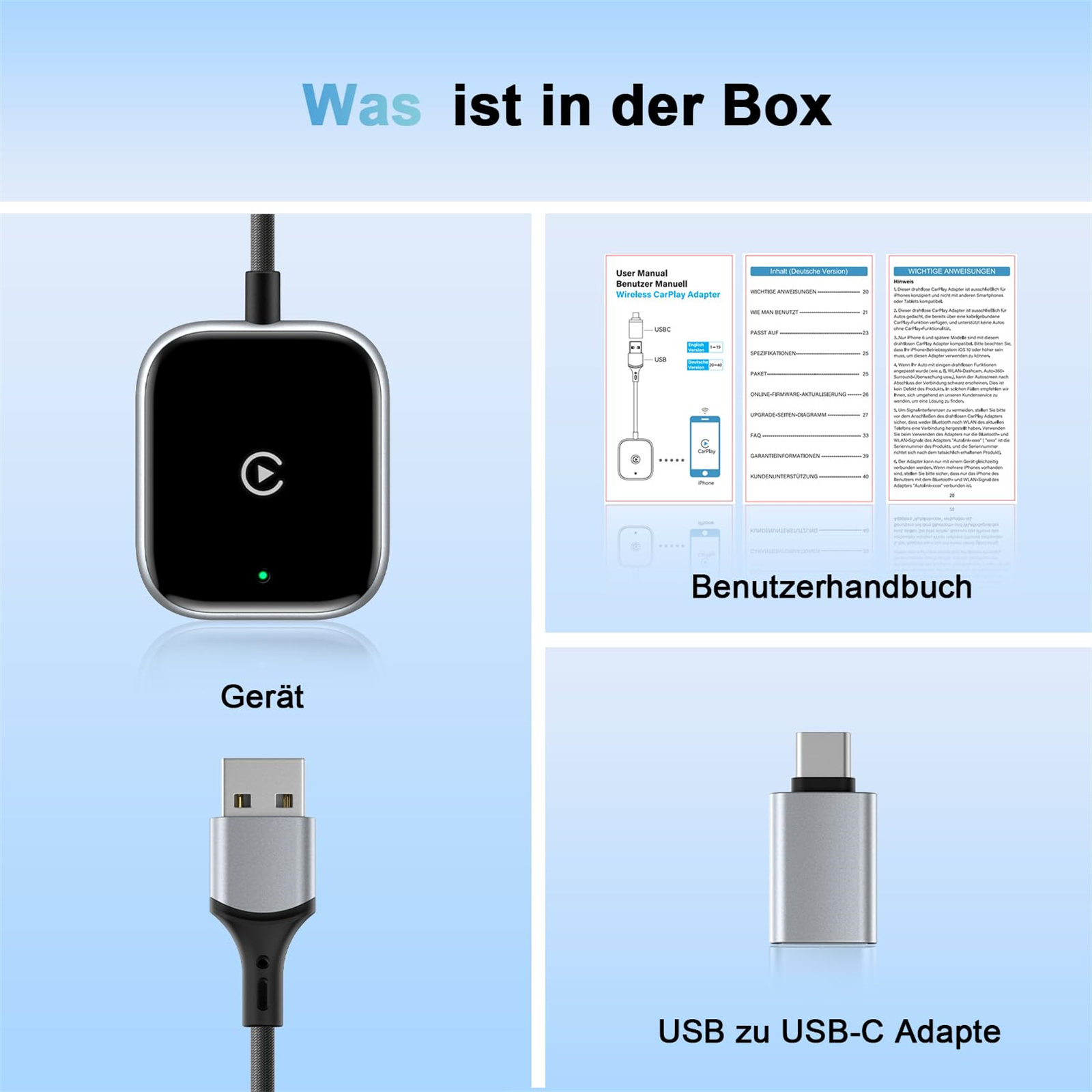 Bild zeigt ein schwarzes Gerät, ein USB-Kabel und einen USB-zu-USB-C-Adapter.