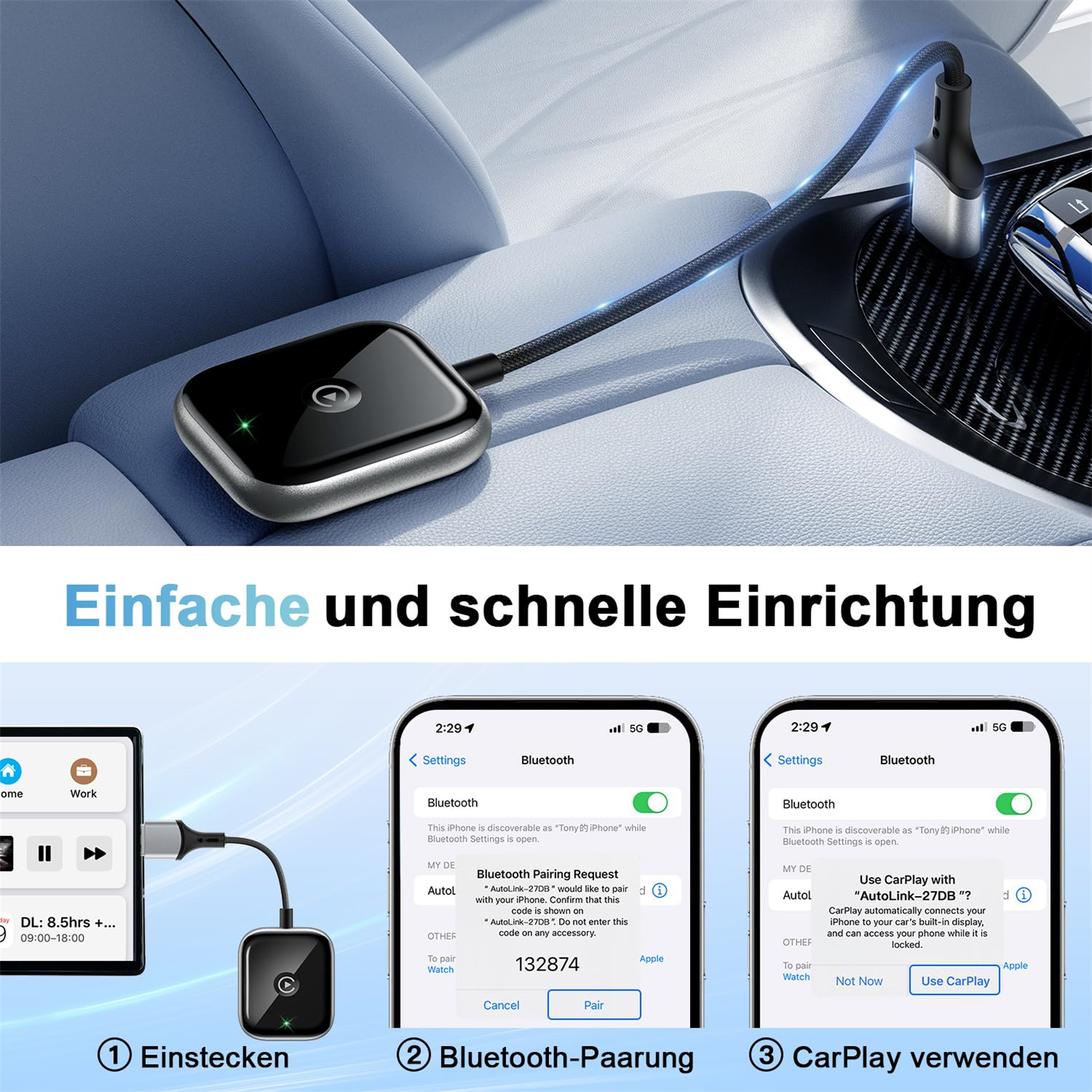 Ein schwarzer Bluetooth-Adapter mit einem Telefon, das einen Kopplungsprozess anzeigt.