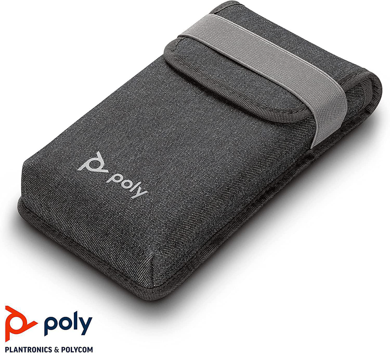 Graues Etui mit grauem Riemen, Poly-Logo und weißem Hintergrund.