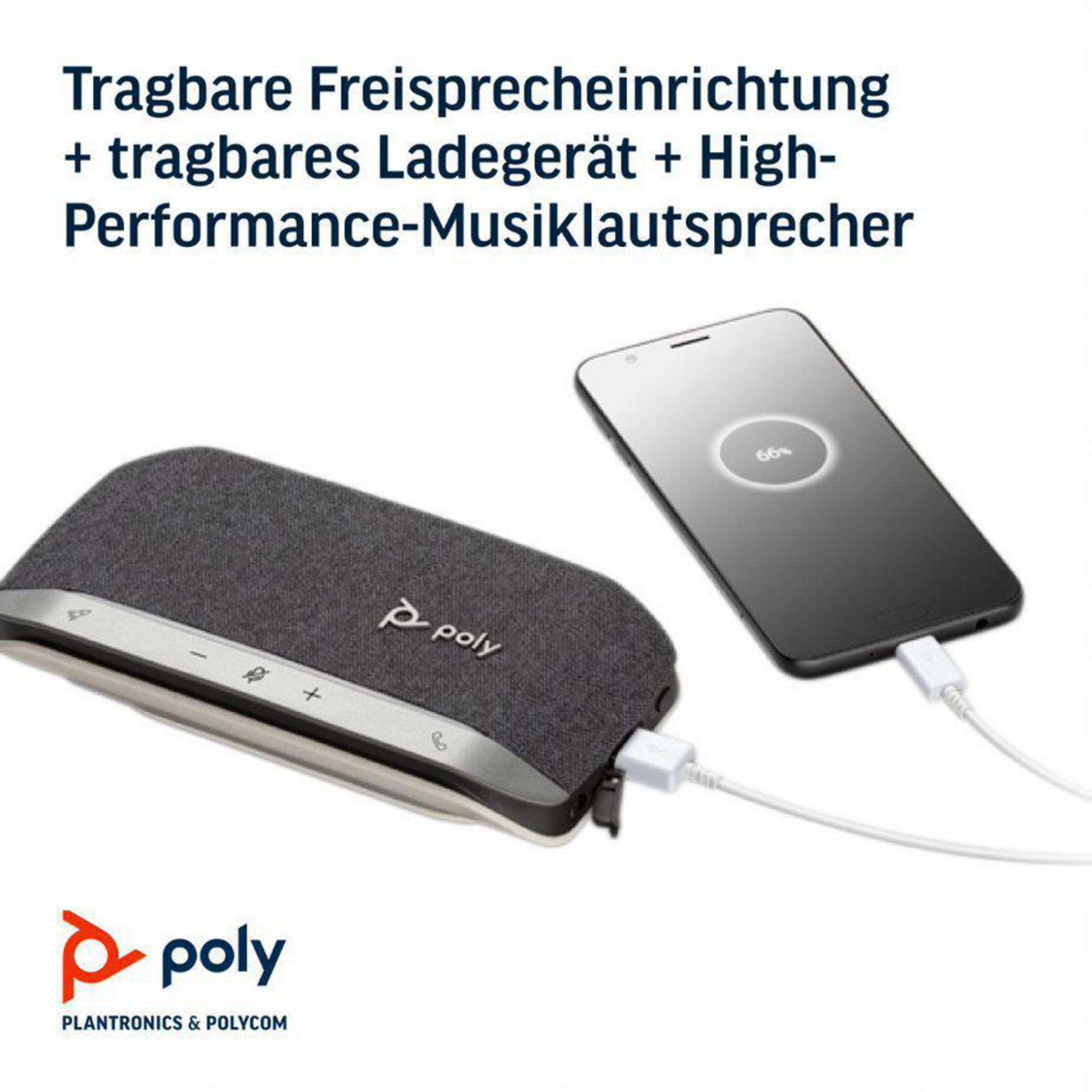 Ein tragbarer Lautsprecher und Ladegerät, mit einem Telefon, das geladen wird, auf Weiß.