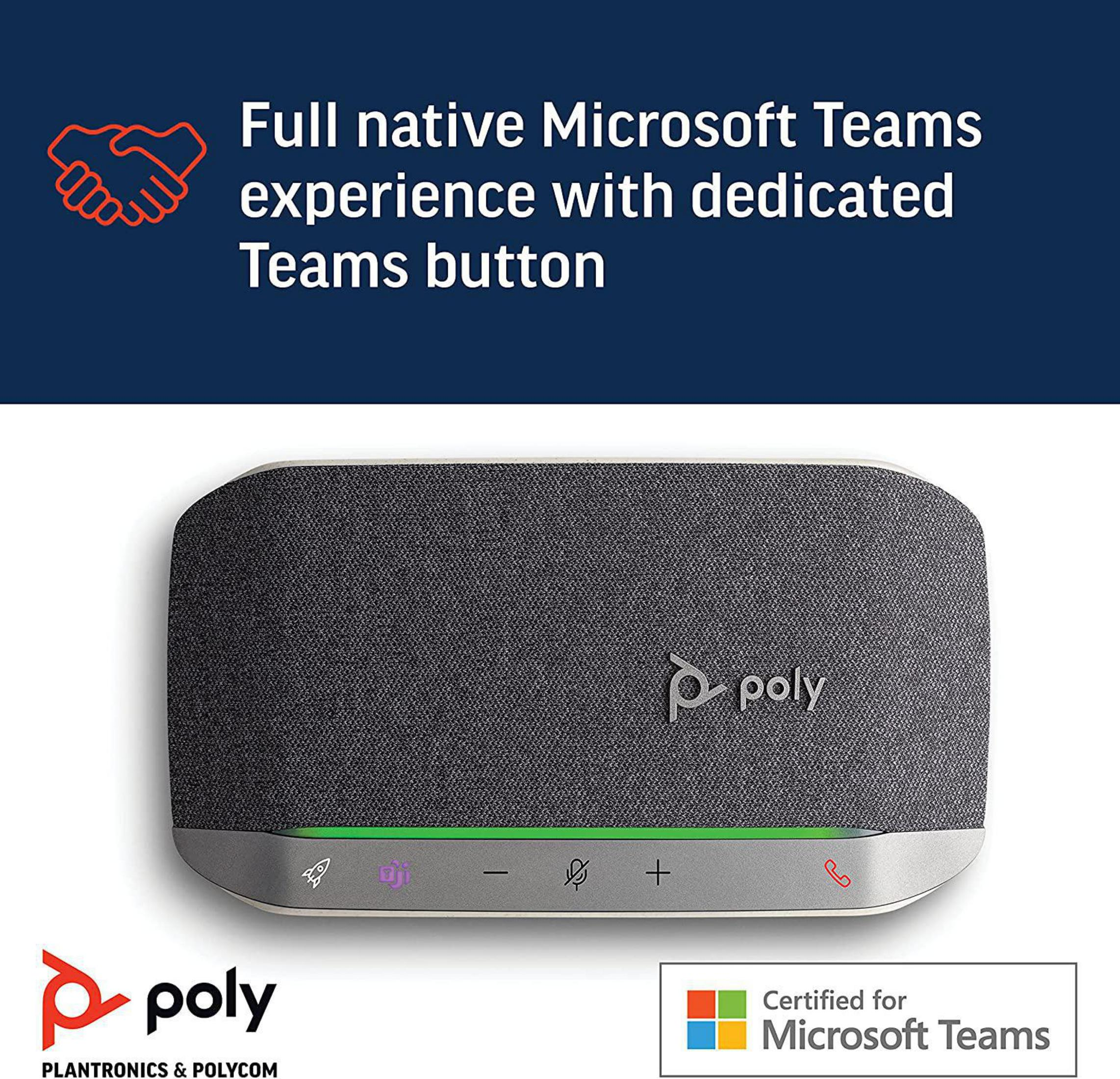 Poly-Freisprecheinrichtung. Microsoft Teams-Taste. Grüne und lila Lichter. Schwarz-Weiß-Design.