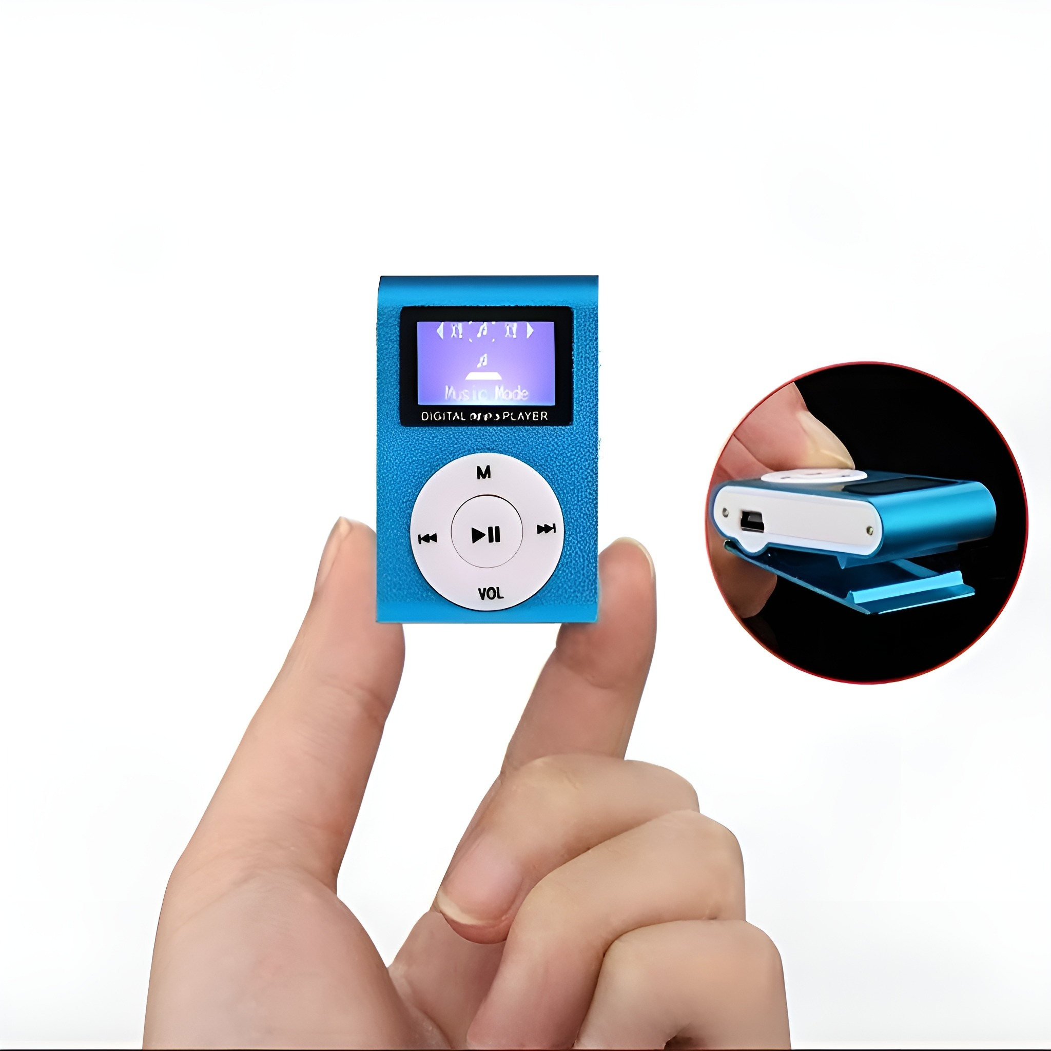 Ein kleiner blauer MP3-Player, gehalten von einer Hand, mit Bildschirm und Bedienelementen, und einem Clip an der Seite.
