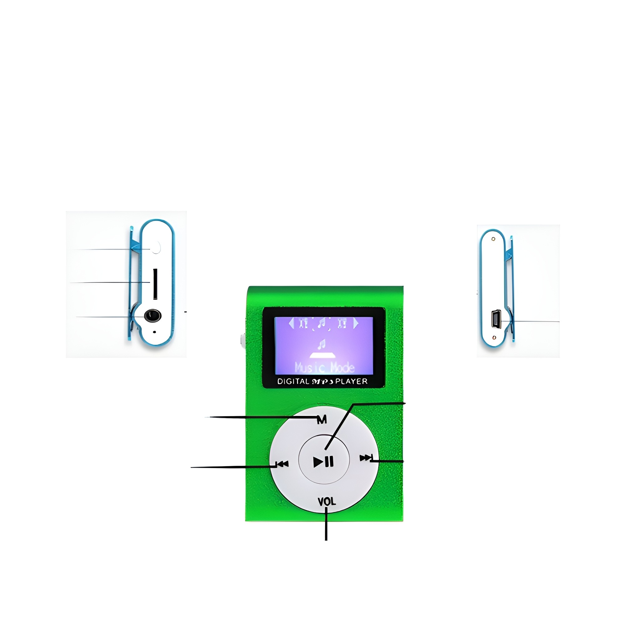 Grüner MP3-Player mit kleinem Display, Knöpfen und USB-Anschluss.