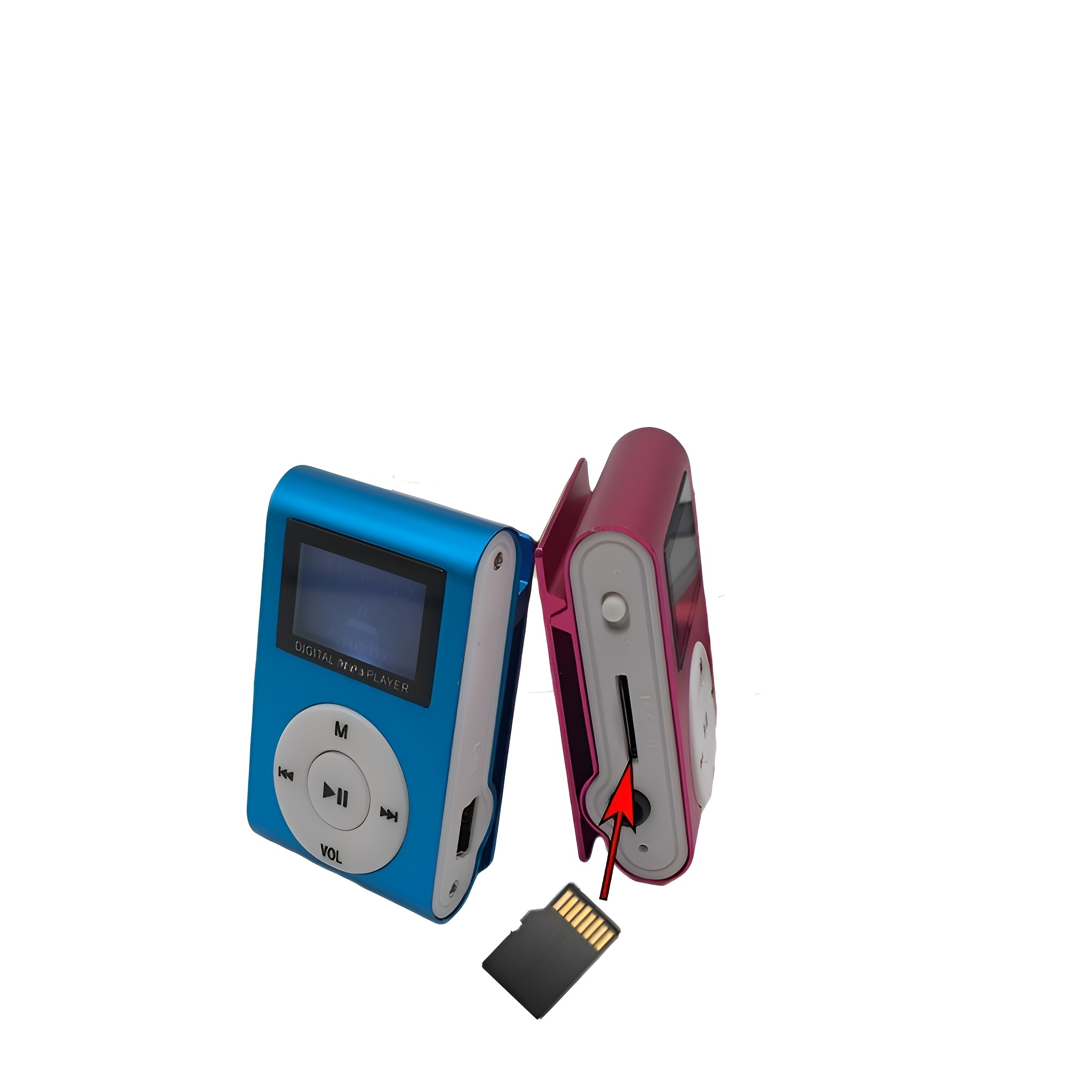 Zwei kleine, farbenfrohe MP3-Player. Einer blau, der andere rosa, mit eingelegter SD-Karte.