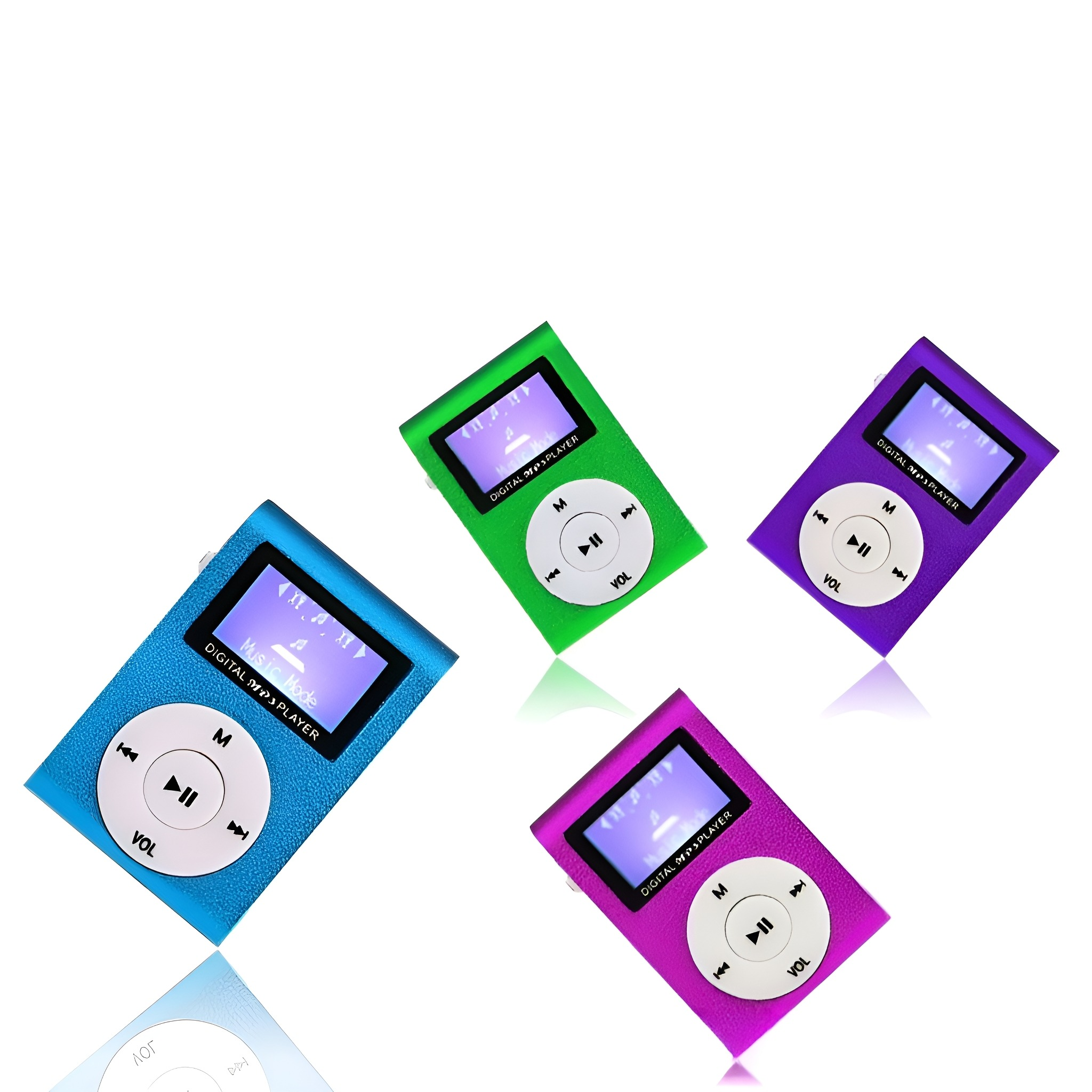 Vier bunte MP3-Player in Blau, Grün und zwei Lilatönen, mit Bildschirmen und Knöpfen.