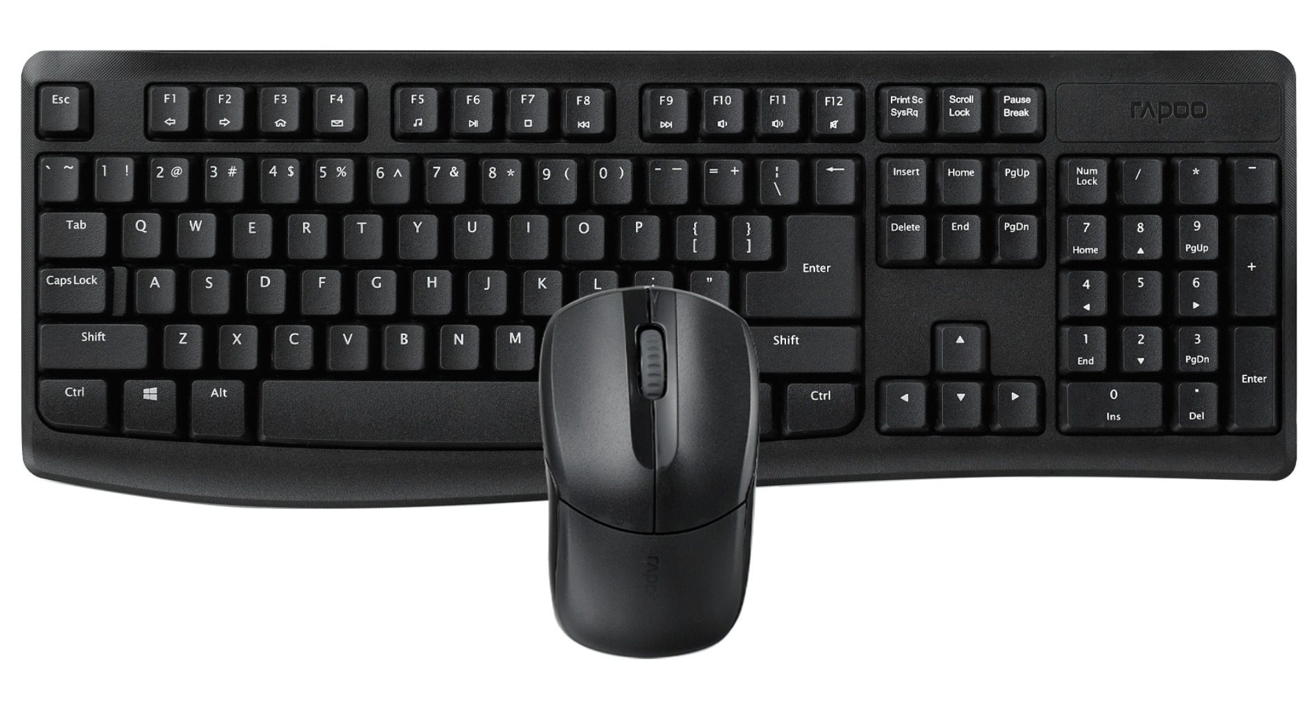 Combo tastiera e mouse neri. La tastiera include un tastierino numerico. Sfondo bianco.