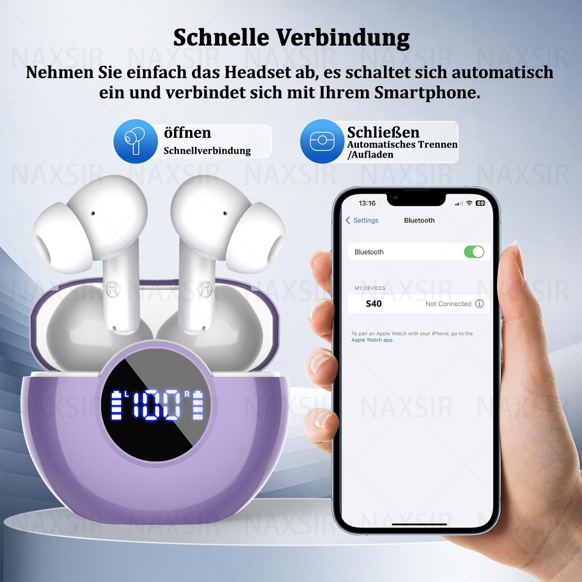 Weiße Ohrhörer in einem lila Etui, mit einem Telefon, das Bluetooth-Einstellungen und Text anzeigt.