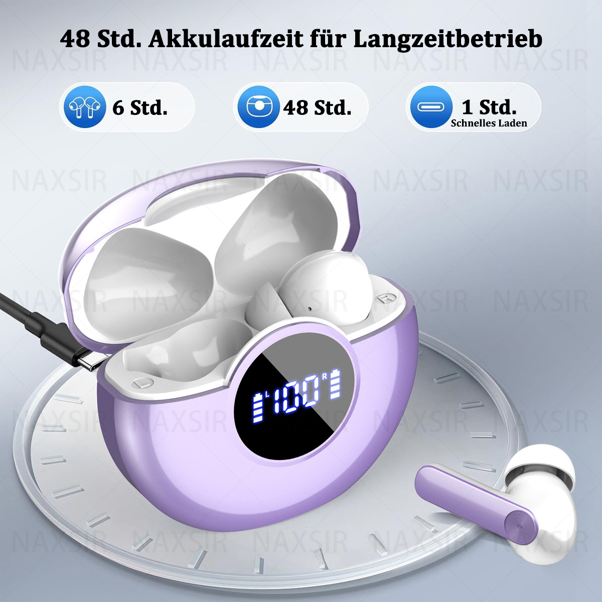 Lila Kopfhörer-Ladecase, weiße Ohrhörer und Digitalanzeige auf Tablett.