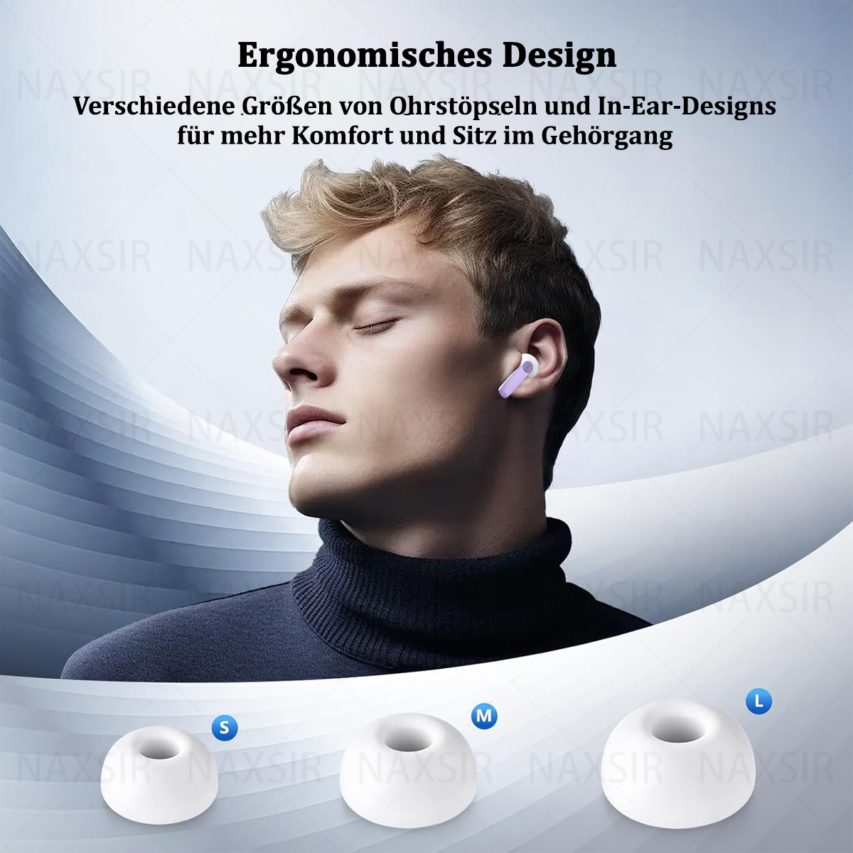 Mann mit Ohrhörern, Text beschreibt Komfort und In-Ear-Designs für besseren Sitz.