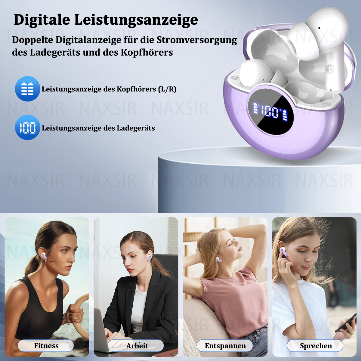 Eine Werbung zeigt kabellose Ohrhörer und ihre Ladebox. Es gibt Bilder von Menschen, die sie benutzen.