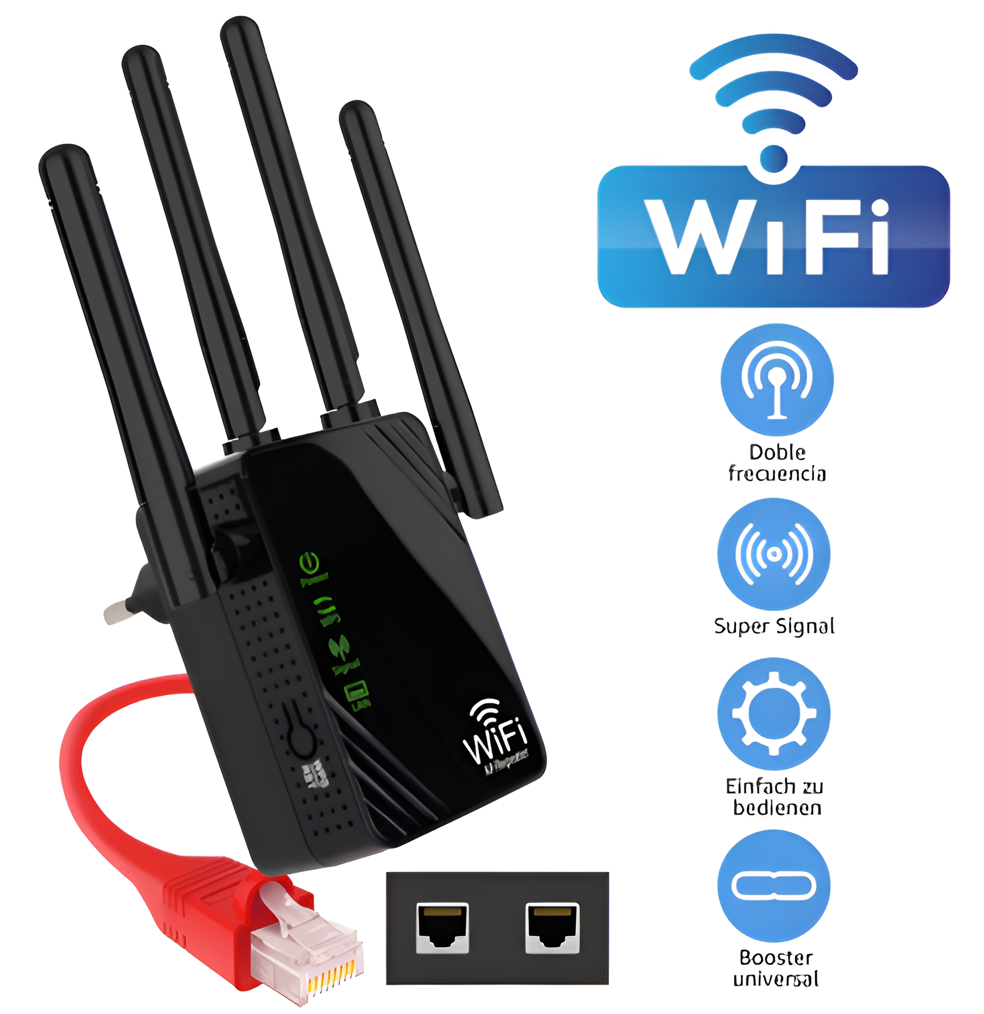 Schwarzer WLAN-Repeater mit 4 Antennen, rotem Ethernet-Kabel und Symbolen für WLAN und Funktionen.