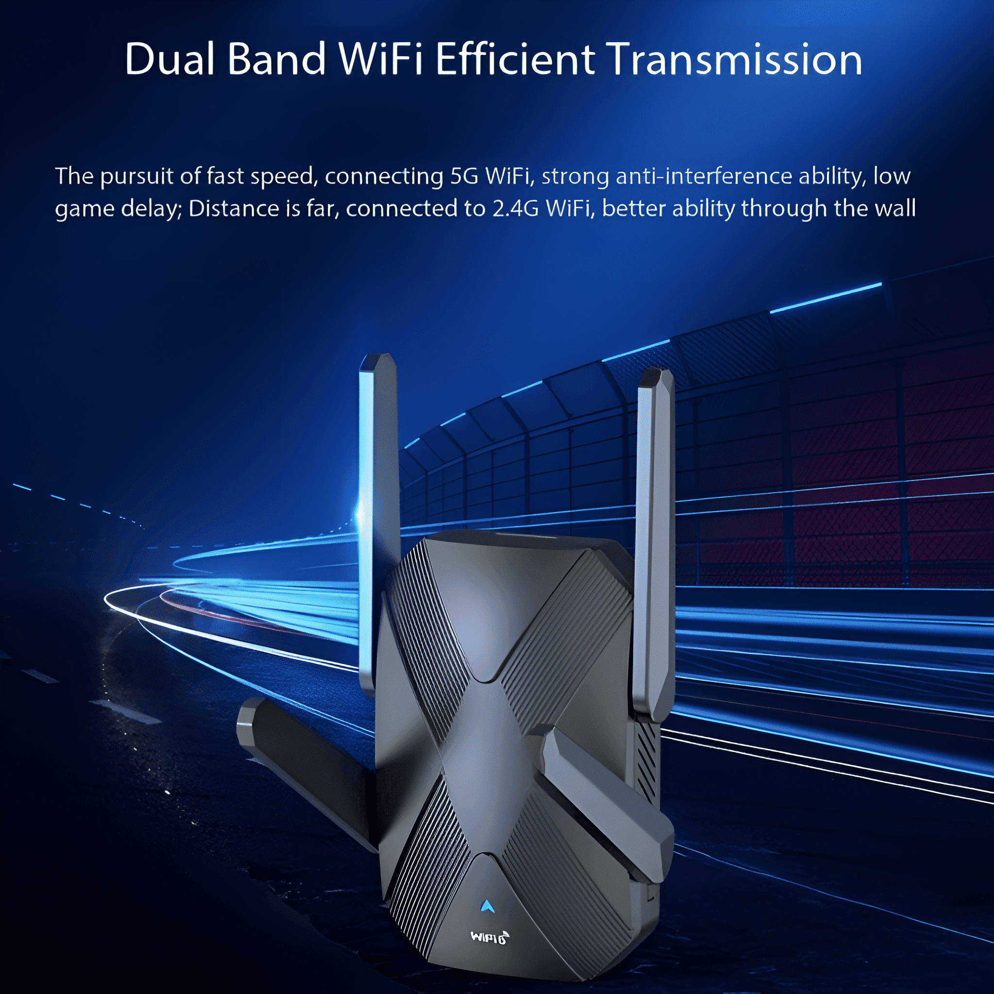 Ein schwarzer WLAN-Extender mit Antennen, der seine Funktionen und schnelle Übertragung zeigt.