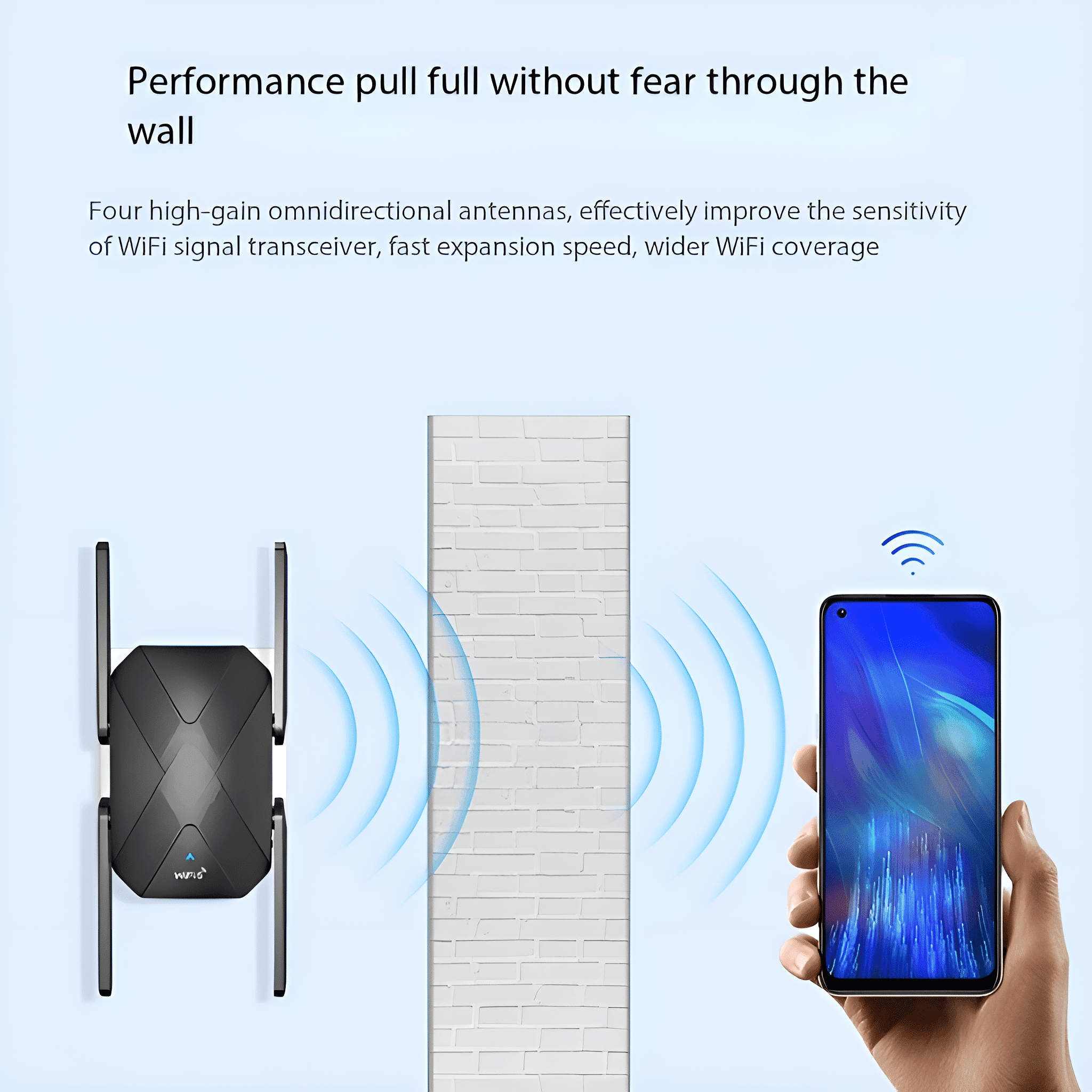 WLAN-Extender mit Antennen und Telefon. Wellen zeigen die Signalstärke durch eine Backsteinmauer an.