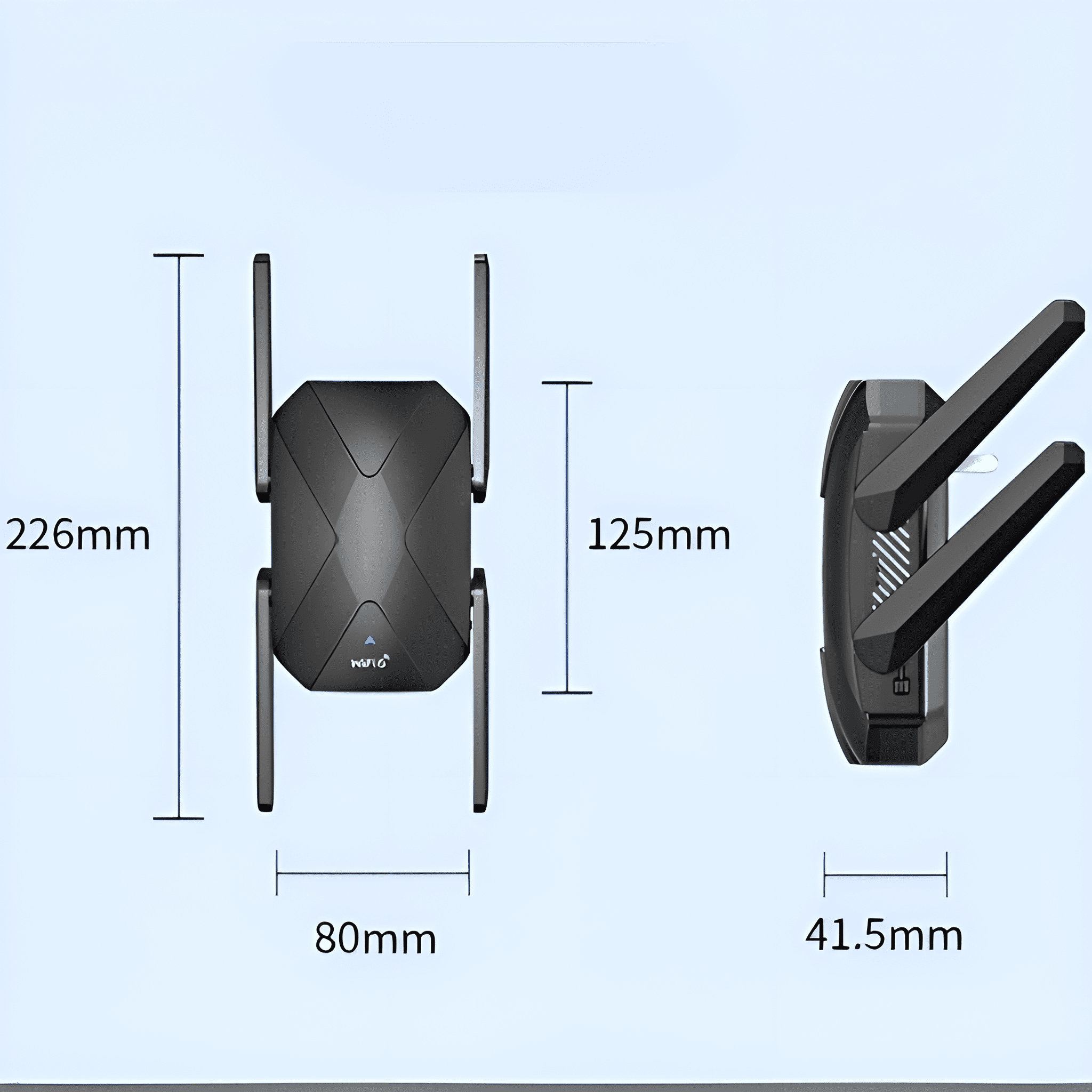 Schwarzer Router mit vier Antennen. Abmessungen sind beschriftet, mit Messungen in Millimetern. Die Marke ist 'Huiw'.