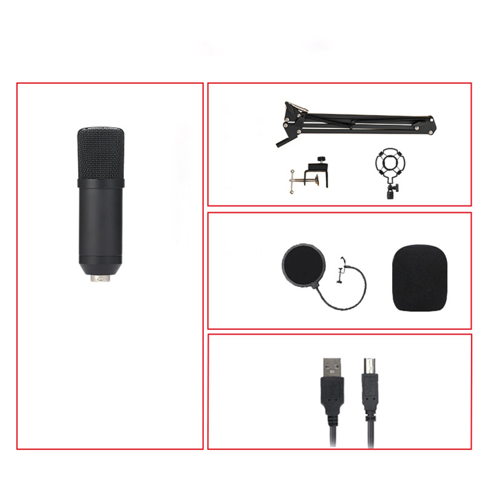 Ein Mikrofon, ein Pop-Filter, eine Stoßdämpferhalterung und zwei USB-Kabel.
