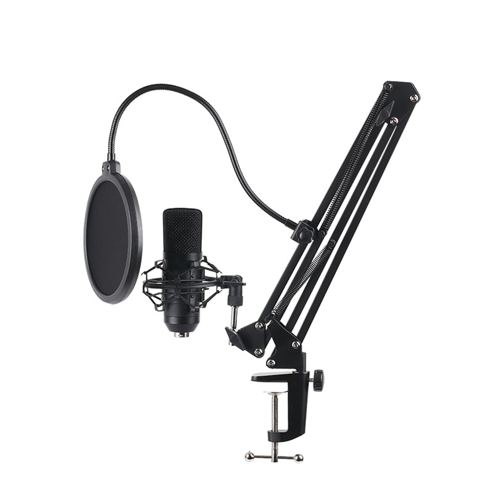 Mikrofon-Set mit Pop-Filter und verstellbarem Arm. Das Mikrofon ist schwarz.