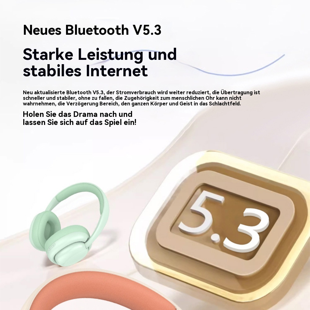Bild mit Text über Bluetooth V5.3, Kopfhörer und einem 5.3-Symbol auf einem Farbverlaufhintergrund.