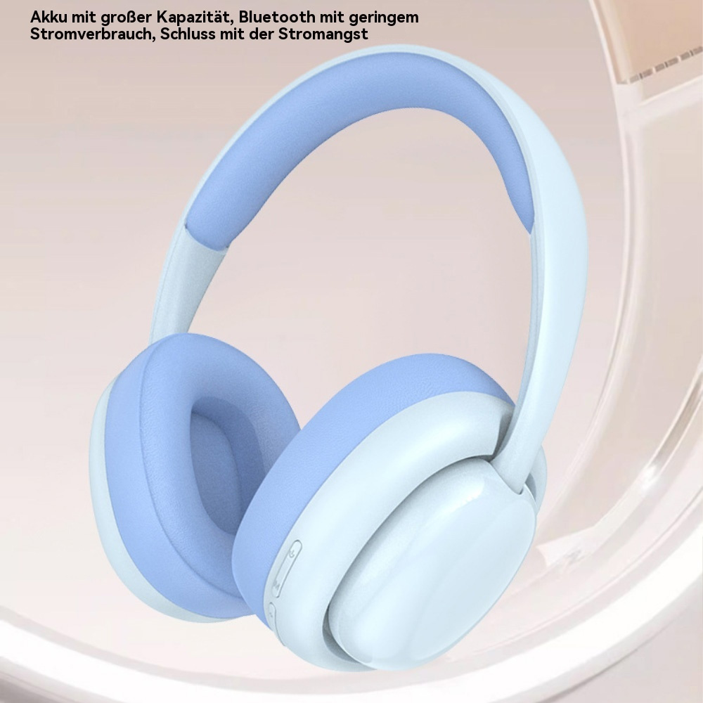 Blau-weiße kabellose Kopfhörer. Ohrmuscheln und Kopfband sind sichtbar.