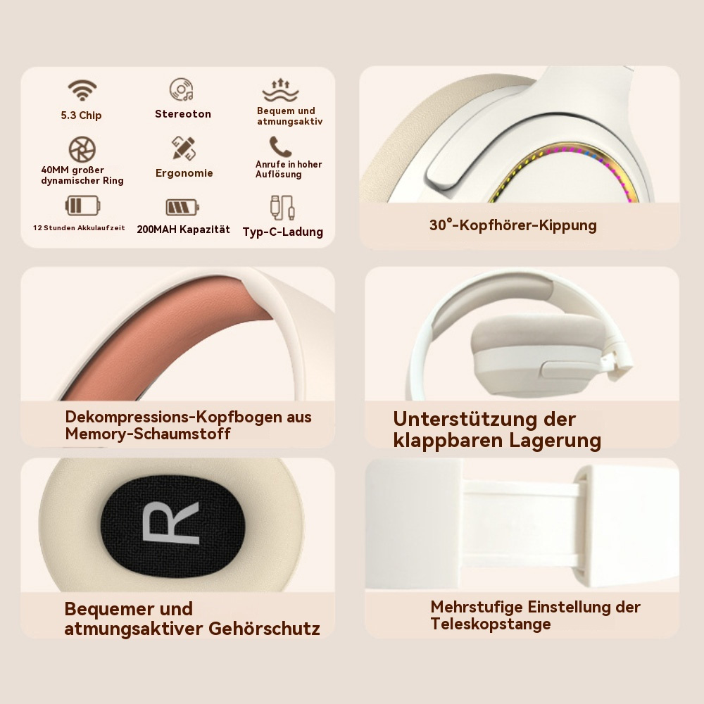 Weiße Kopfhörer mit Funktionsbeschreibung. Diagramme zeigen Chip, Sound, Akku und mehr. Weißer Hintergrund.