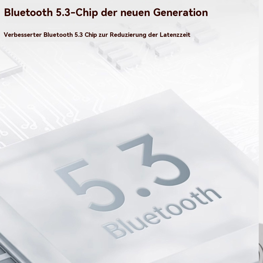 Nahaufnahme eines technischen Geräts mit der Zahl 5.3 und dem Wort Bluetooth, auf weißem Hintergrund.