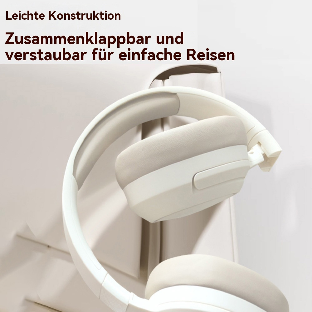Weiße Kopfhörer, gefaltet, auf weißem Hintergrund. Text: leichtes Design, faltbar und verstaubar für Reisen.