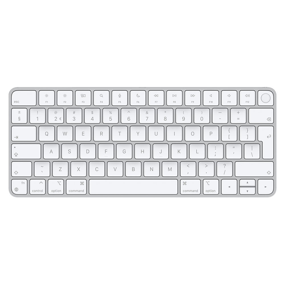 Biała klawiatura Apple. Ma białe klawisze i srebrną ramkę. Minimalistyczny design.