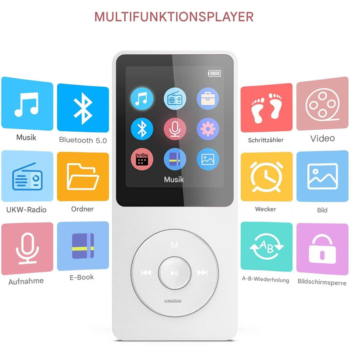 Weißer MP3-Player mit Touch-Tasten und Symbolen. Display zeigt Musik- und Bluetooth-Symbole.