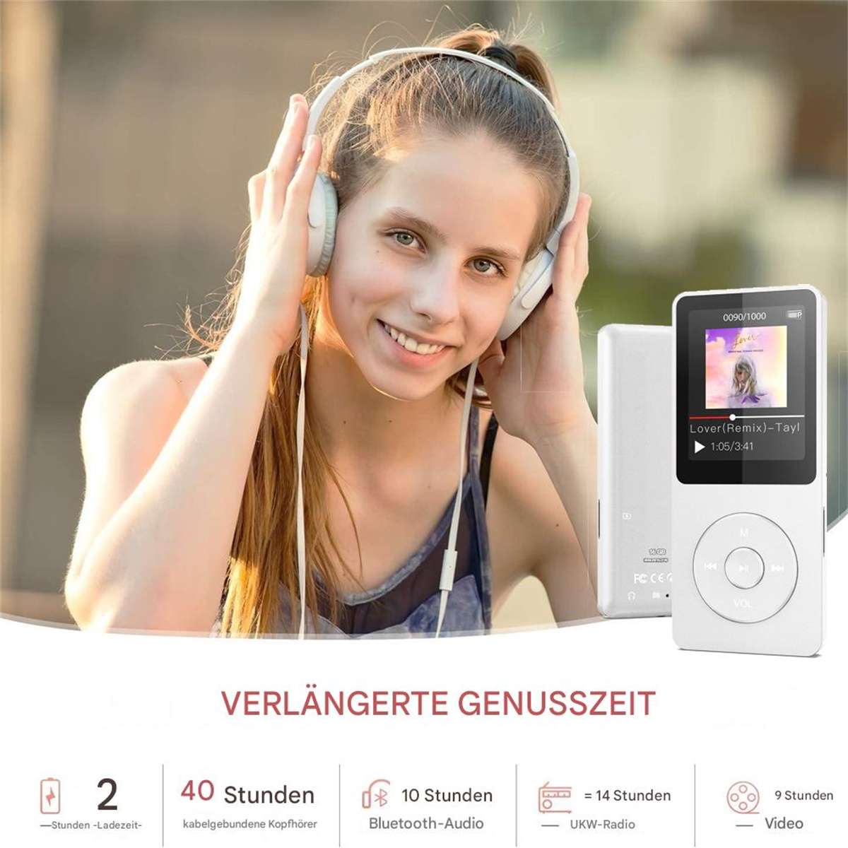 Ein Mädchen mit Kopfhörern und einem weißen MP3-Player mit Songanzeige.