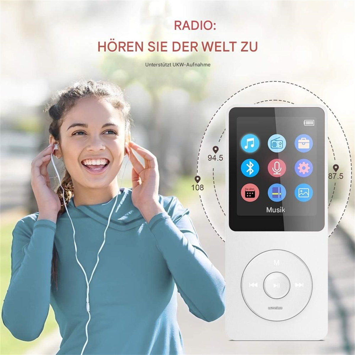 Junge Frau mit Kopfhörern, die einen tragbaren Musikplayer benutzt. Illustration der Player-Oberfläche.