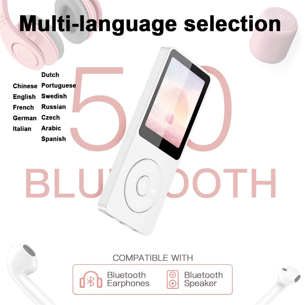 Weißer MP3-Player mit Bildschirm. Es ist von Kopfhörern und Lautsprecher umgeben.