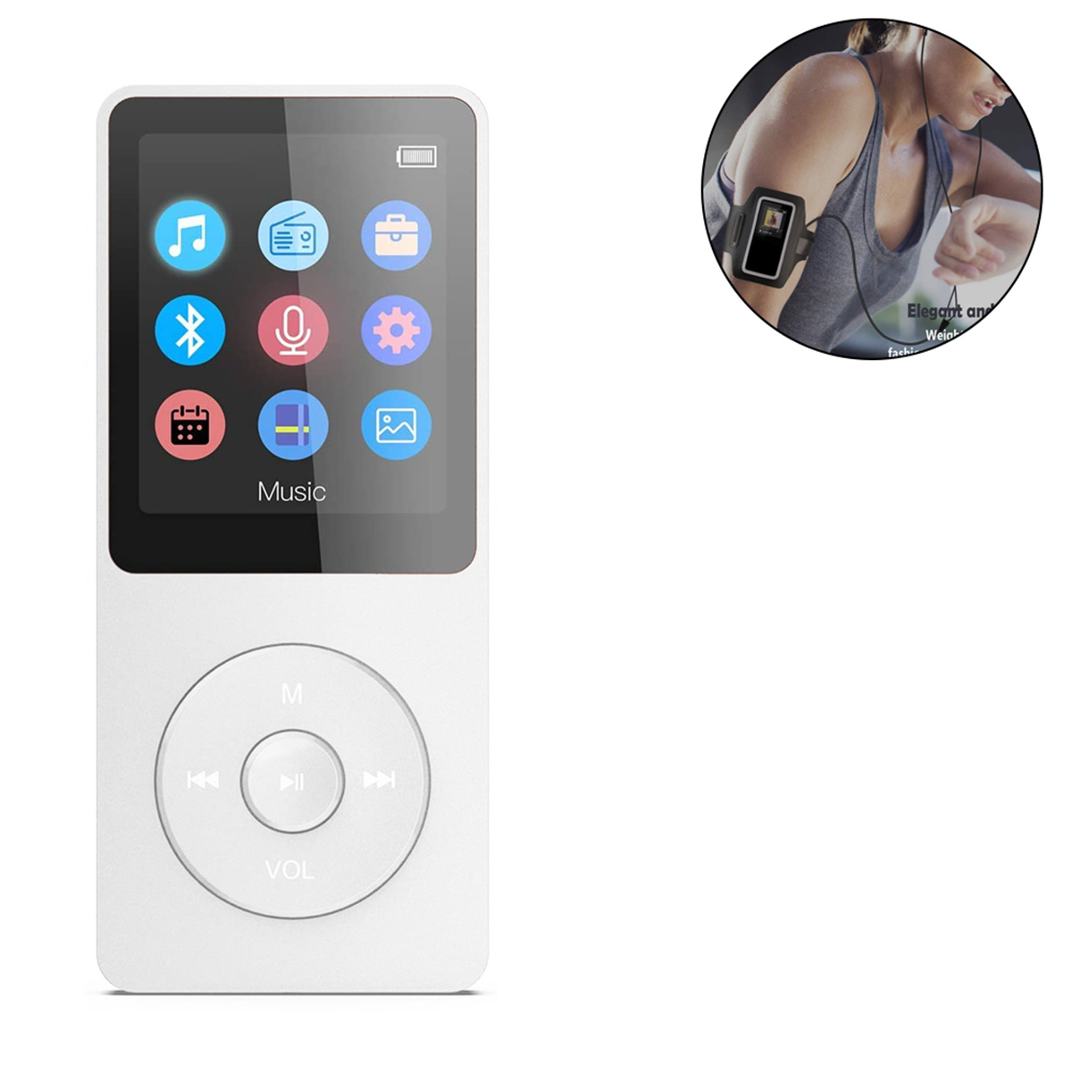 Ein weißer MP3-Player mit Bildschirm und Knöpfen. Eine Frau trägt einen ähnlichen Player am Arm.
