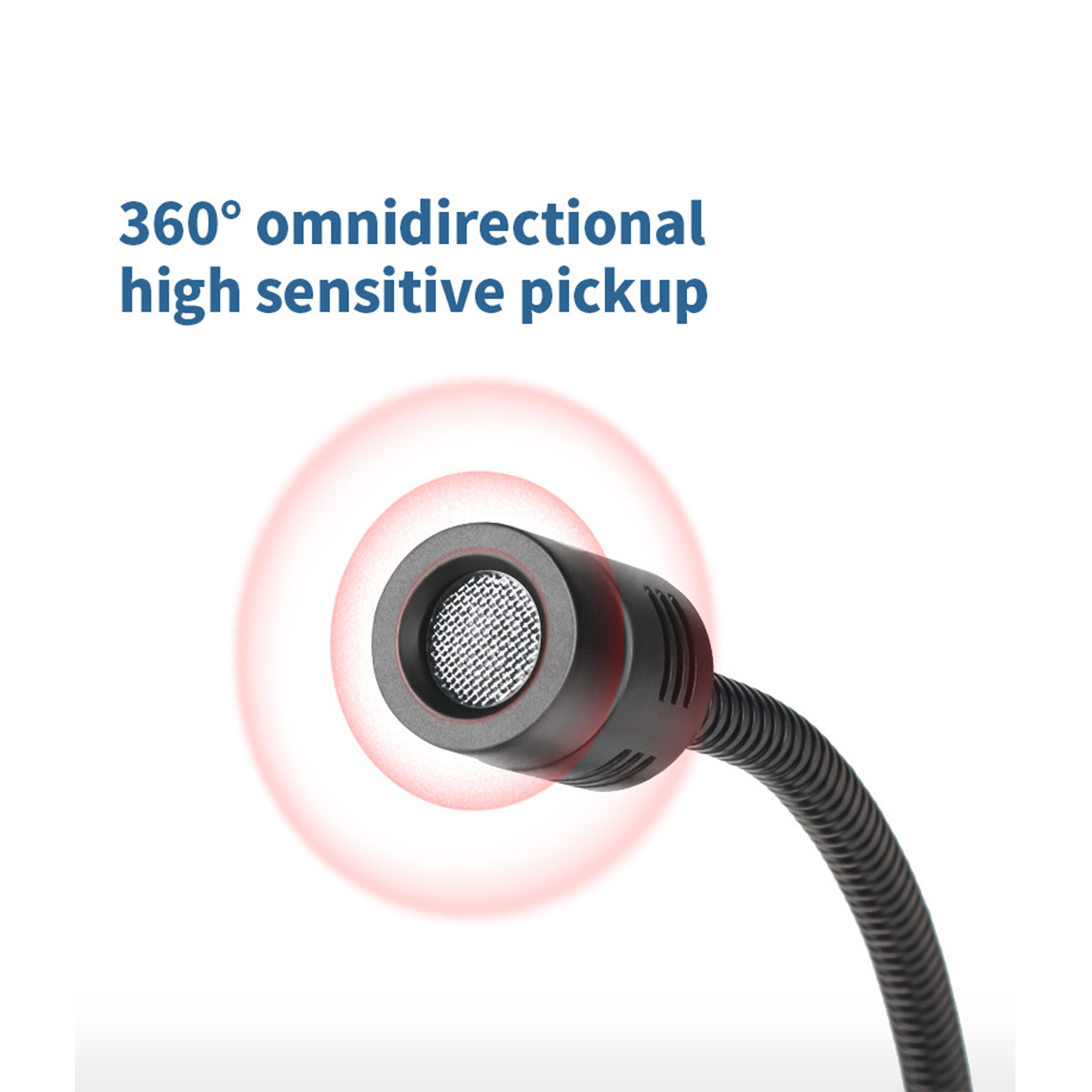 Ein schwarzes Mikrofon mit flexiblem Hals. Roter Kreis zeigt 360°-Aufnahme an.