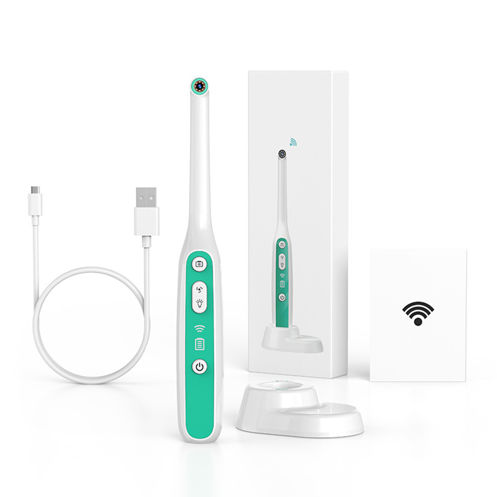 Ein weißes medizinisches Gerät mit USB-Kabel und Box. Für Zahn- oder Ohrenuntersuchungen.