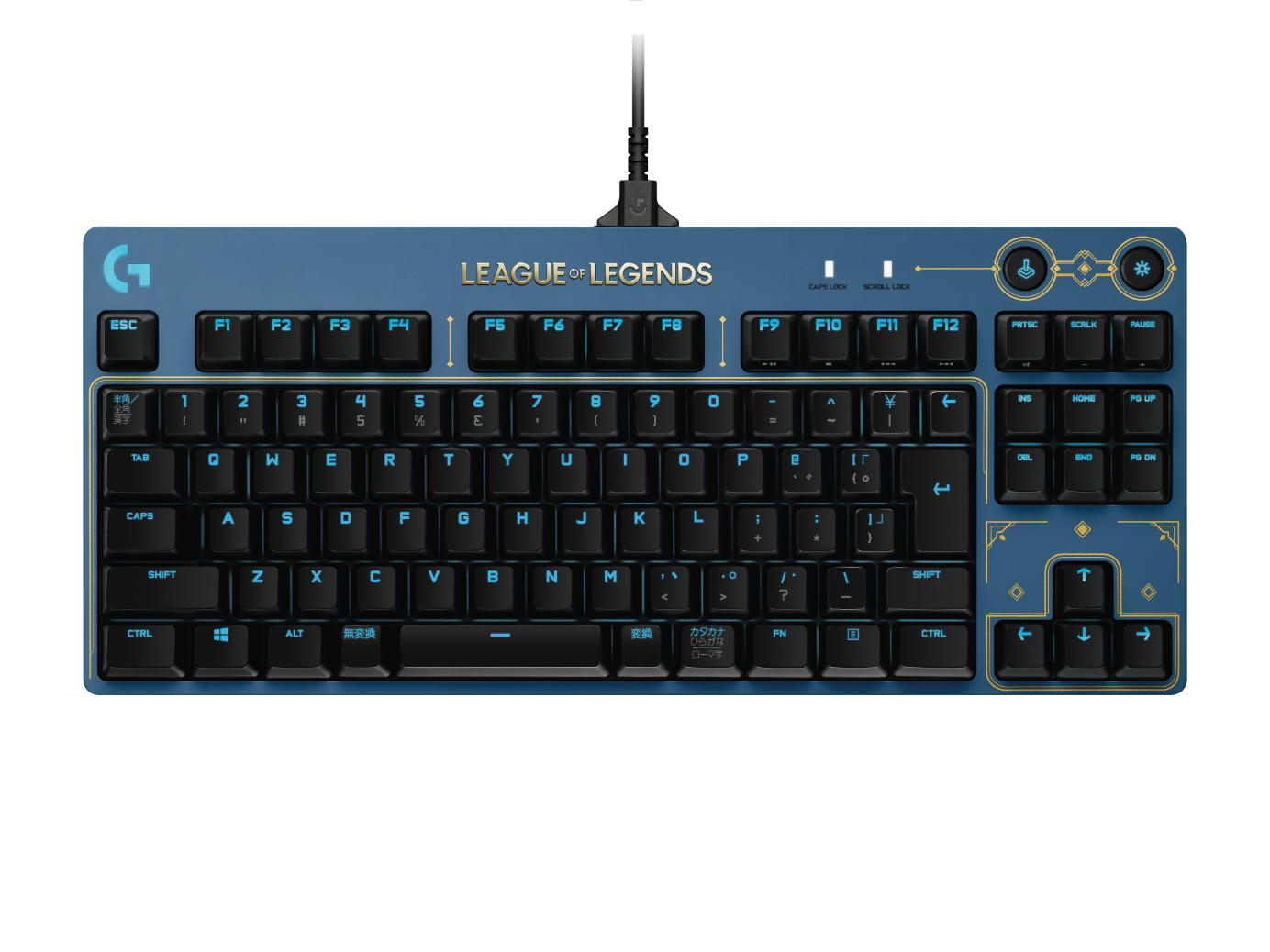 Blaue League of Legends-Tastatur. Die Tasten sind schwarz und haben blaue und goldene Akzente. Weißer Hintergrund.