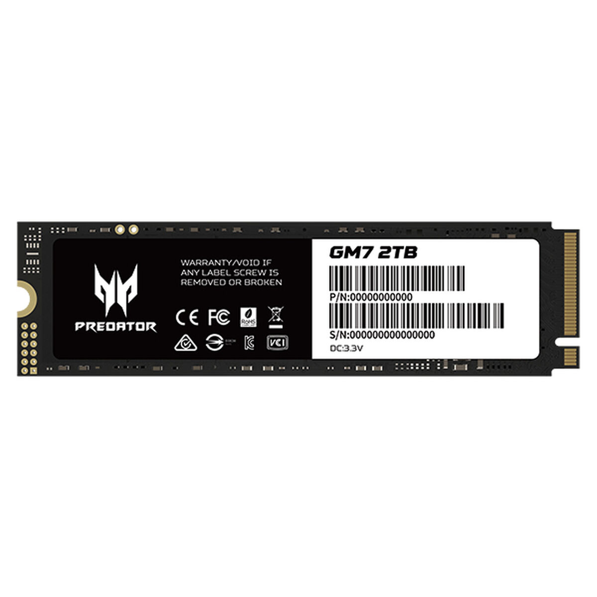 Schwarze Predator GM7 2TB SSD. Es hat ein schwarzes, rechteckiges Design mit weißen Etiketten und Text.