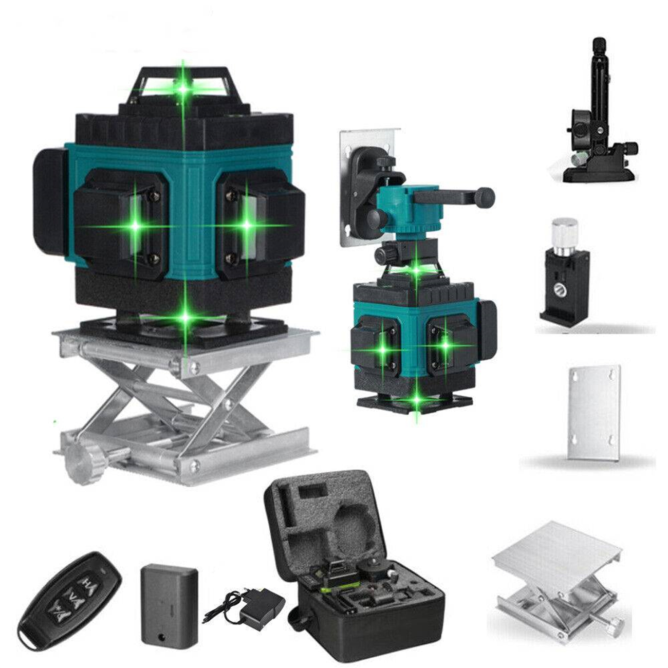Ein Set von Werkzeugen, einschließlich eines Laserlevels und eines Stativs.