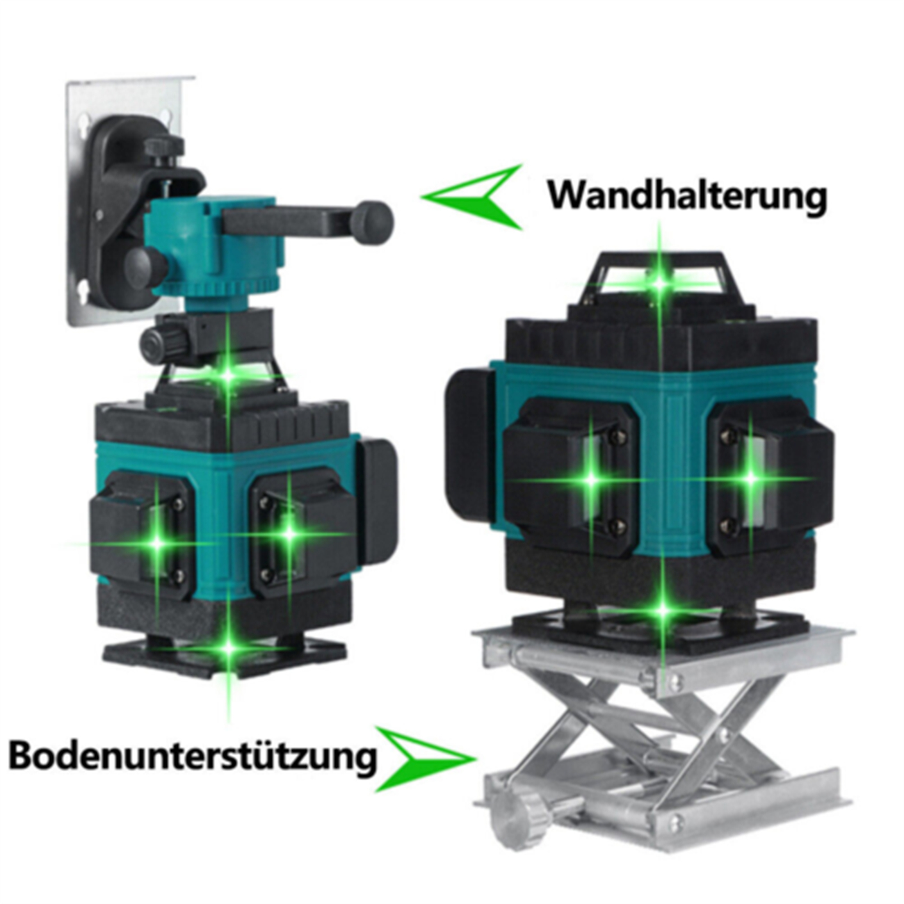 Ein grünes und schwarzes Laser-Nivelliergerät. Es ist auf einem Ständer montiert, mit grünen Laserstrahlen.
