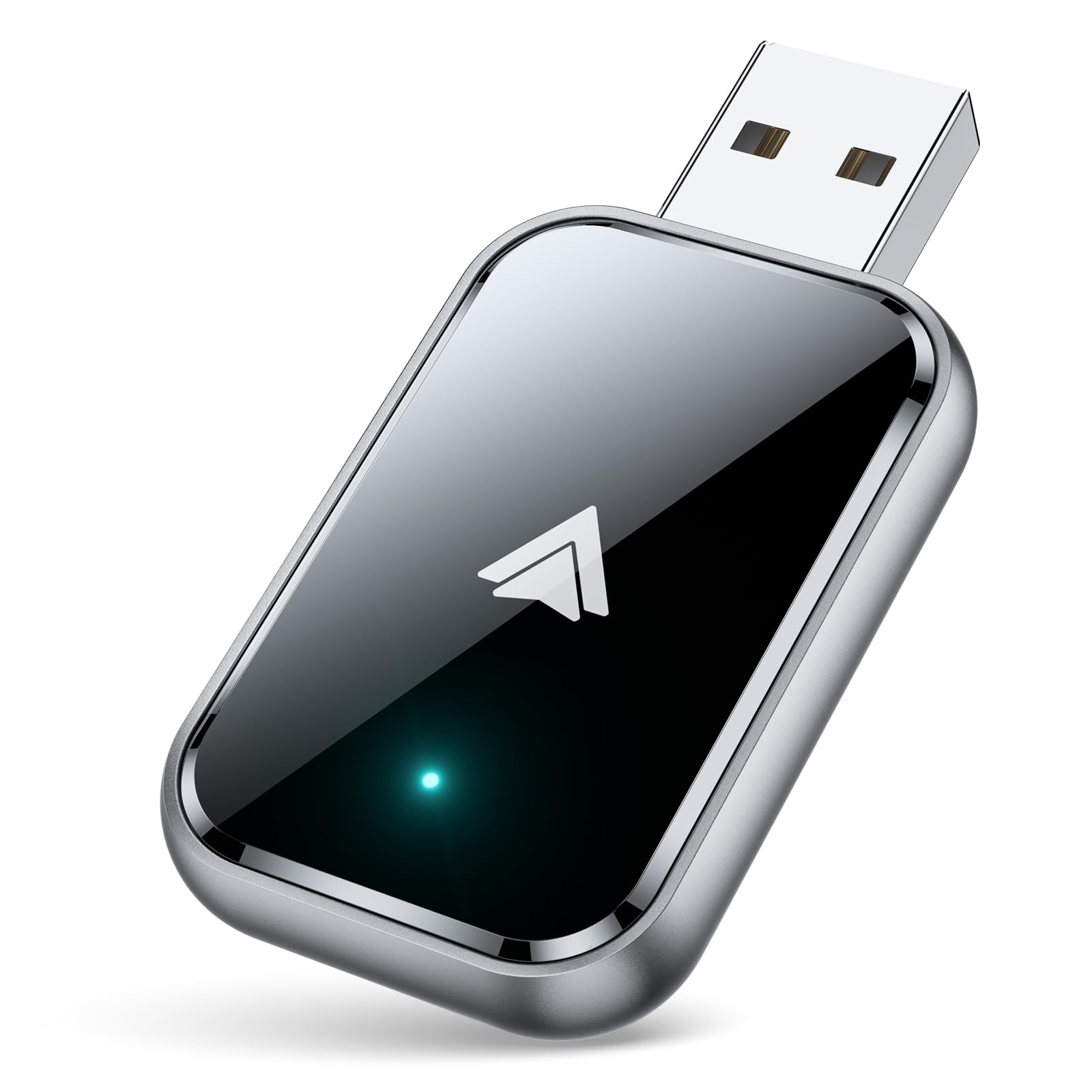 Silberner und schwarzer USB-Adapter mit kleinem weißen Pfeilsymbol und grünem Licht.