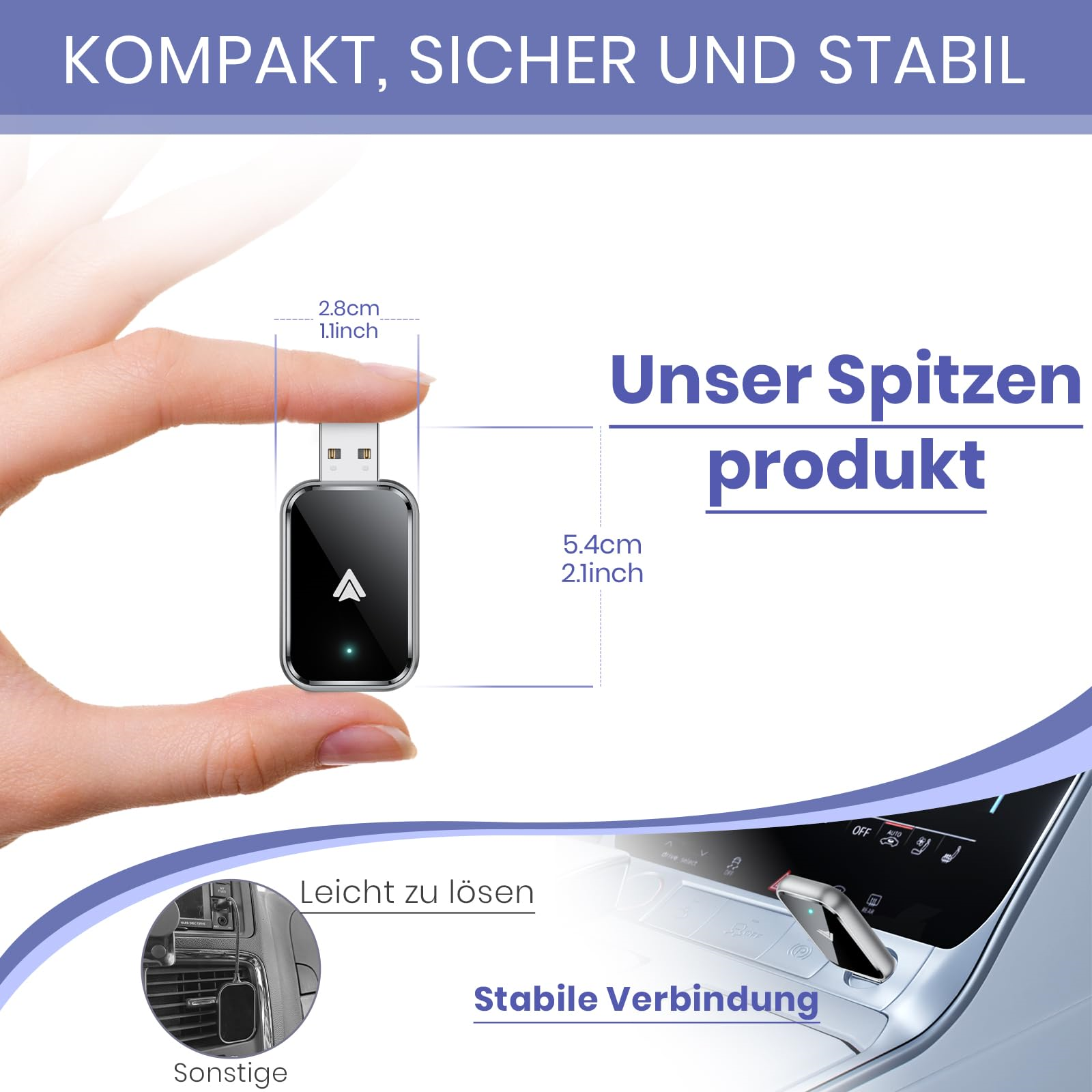 Ein schwarz-silberner Adapter. Der Text beschreibt ihn als kompakt, sicher, stabil und einfach zu bedienen.
