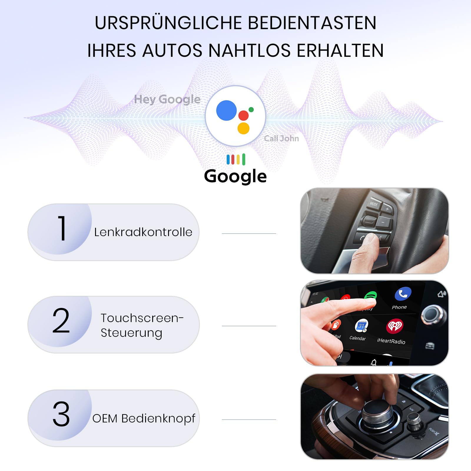 Diagramm, das die Google Assistant-Integration mit Fahrzeugsteuerungen zeigt. Text auf Deutsch. Weißer Hintergrund.