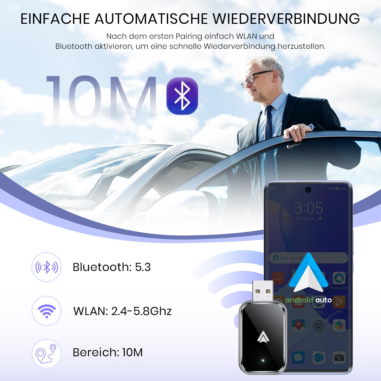 Ein Mann in einem Auto mit Smartphone und einem Gerät mit Android Auto Logo und Text.