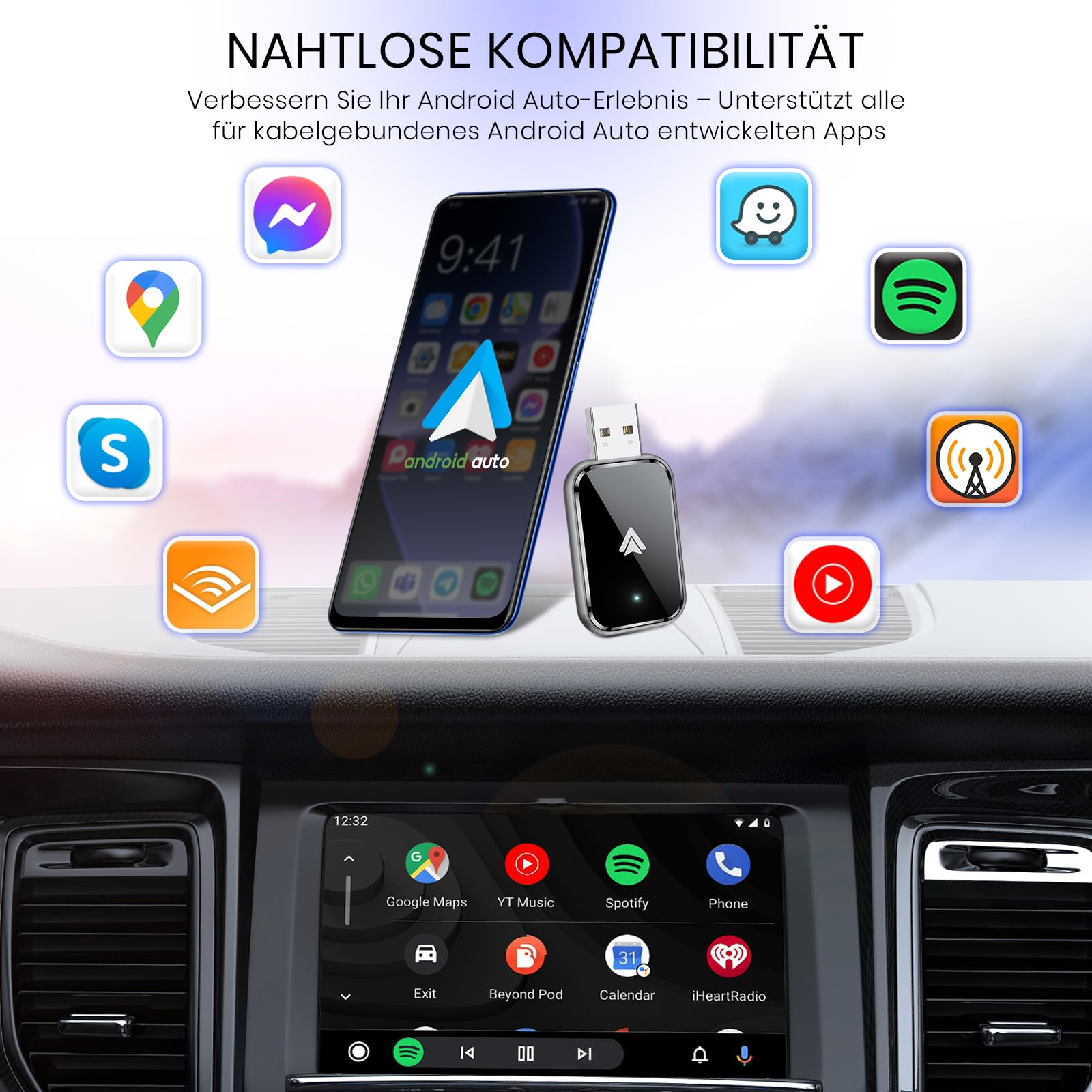 Armaturenbrett mit einem Telefon, das Android Auto anzeigt, umgeben von App-Symbolen und einem USB-Laufwerk.