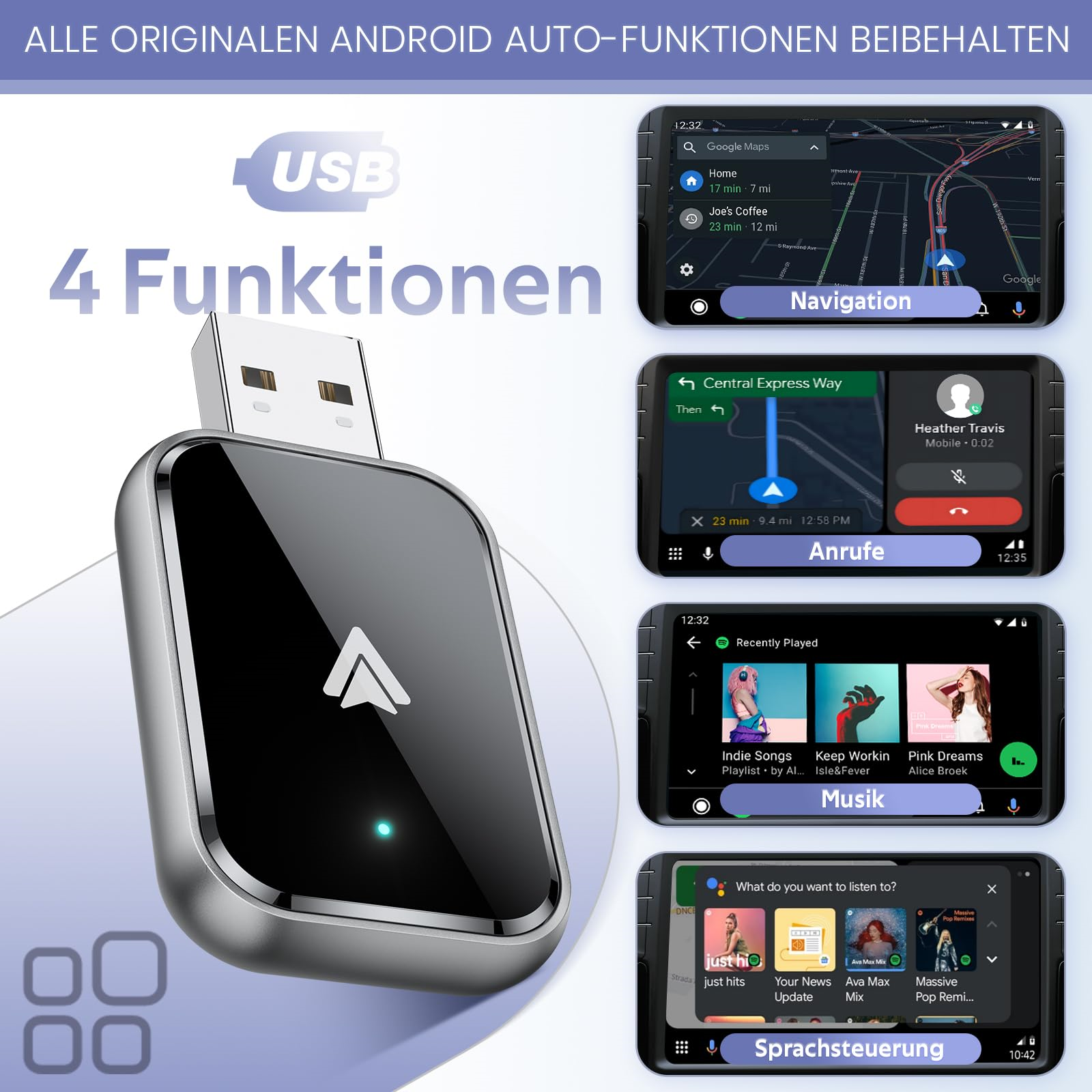 Schwarzer USB-Adapter mit Text '4 Funktionen' und vier Telefonbildschirmen mit Navigation, Anrufen, Musik und Sprachsteuerung.