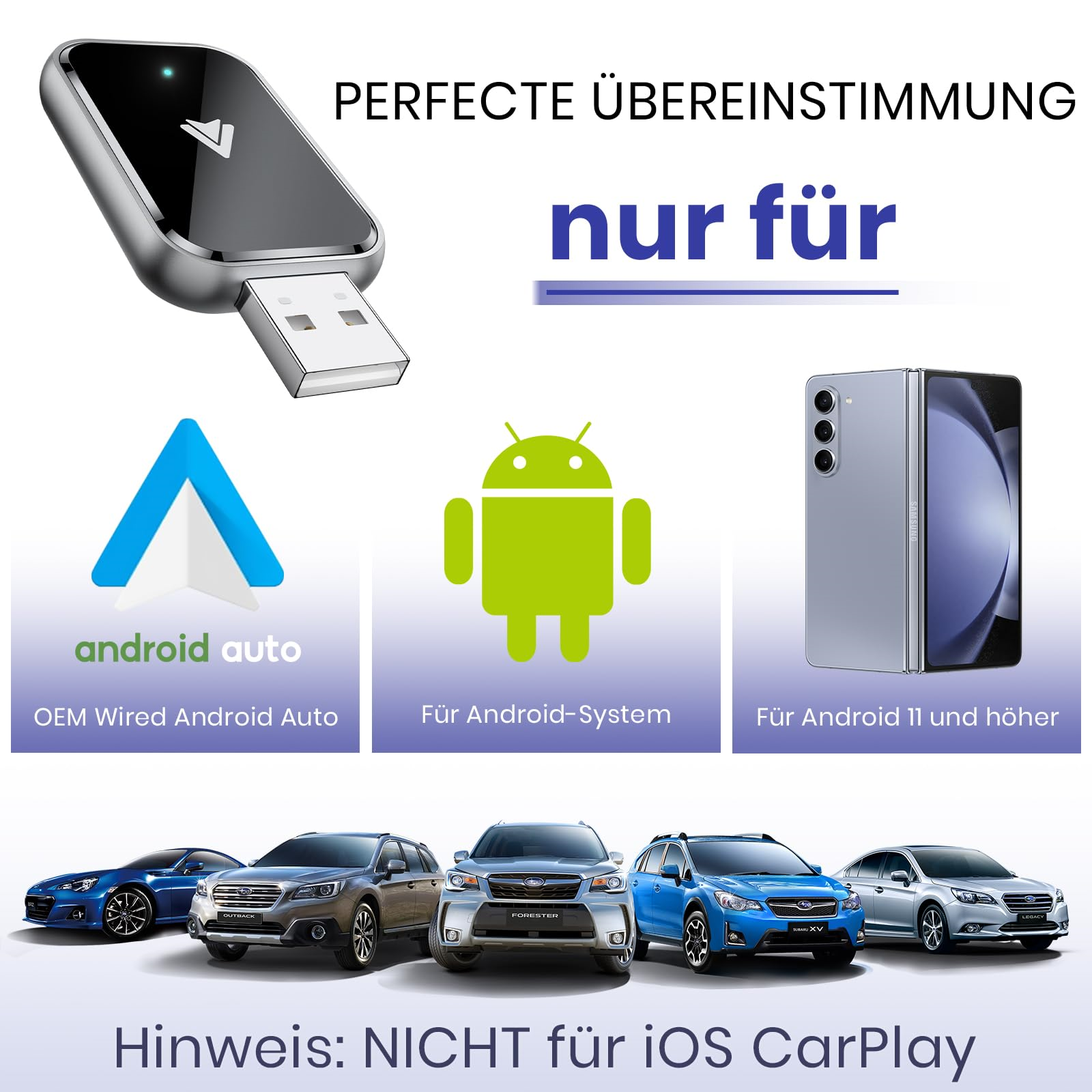 Geräte und Autos: Android Auto Logo, Android System Logo, Telefon und verschiedene Automodelle.