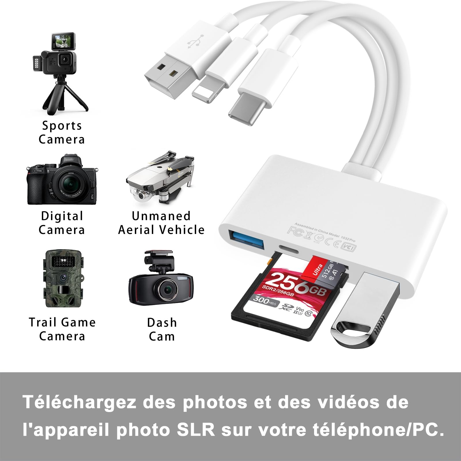 Weißer USB-Hub mit mehreren Anschlüssen, verbunden mit einem USB-Kabel. Angeschlossen an eine Kamera, Drohne und andere Geräte.