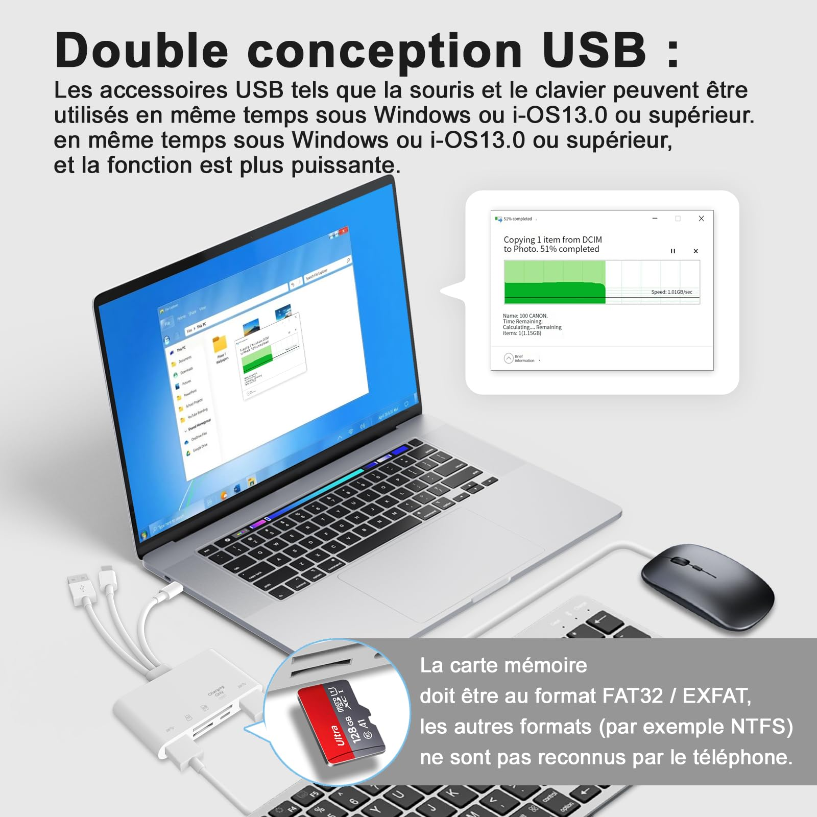 Laptop mit USB-Geräten verbunden. Ein Transferfenster ist sichtbar. Maus und Tastatur sind ebenfalls angeschlossen.