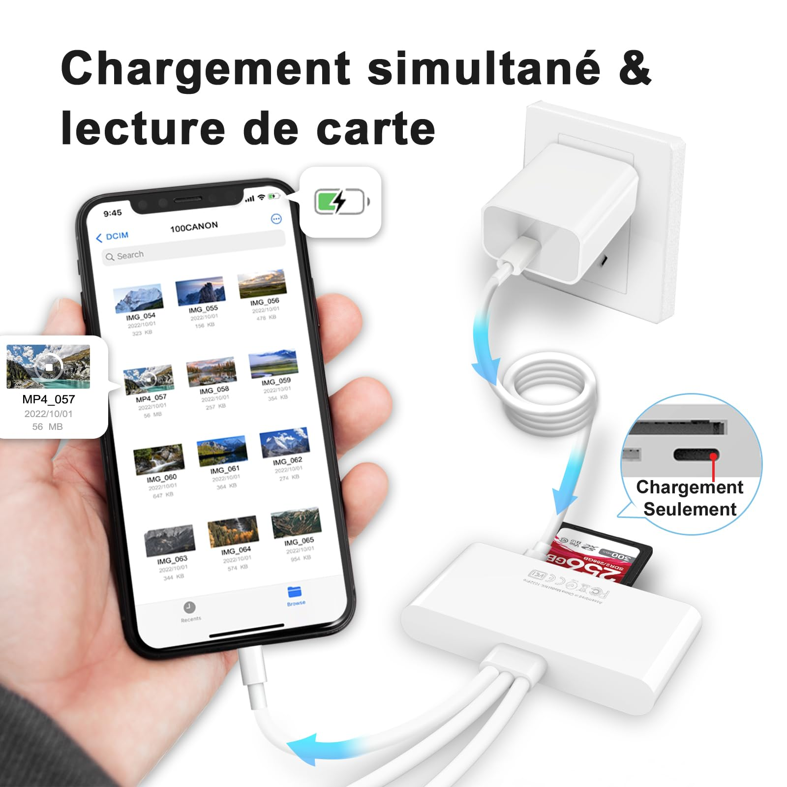 Eine Hand, die ein Telefon mit Bildern hält. Ein Ladegerät und ein Speicherkartenleser sind angeschlossen.