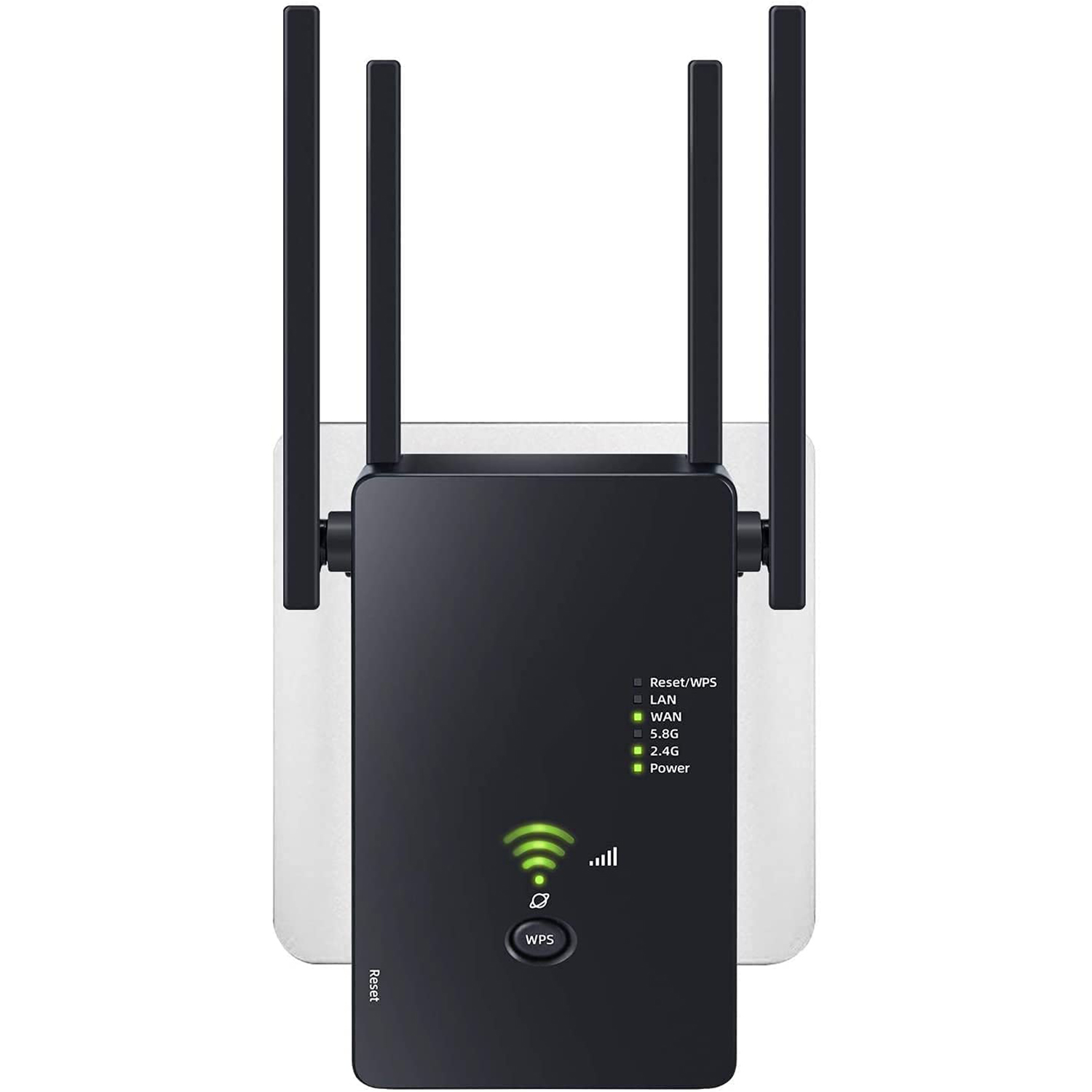 Schwarzer WLAN-Repeater mit Antennen, Anzeigeleuchten und WPS-Taste.